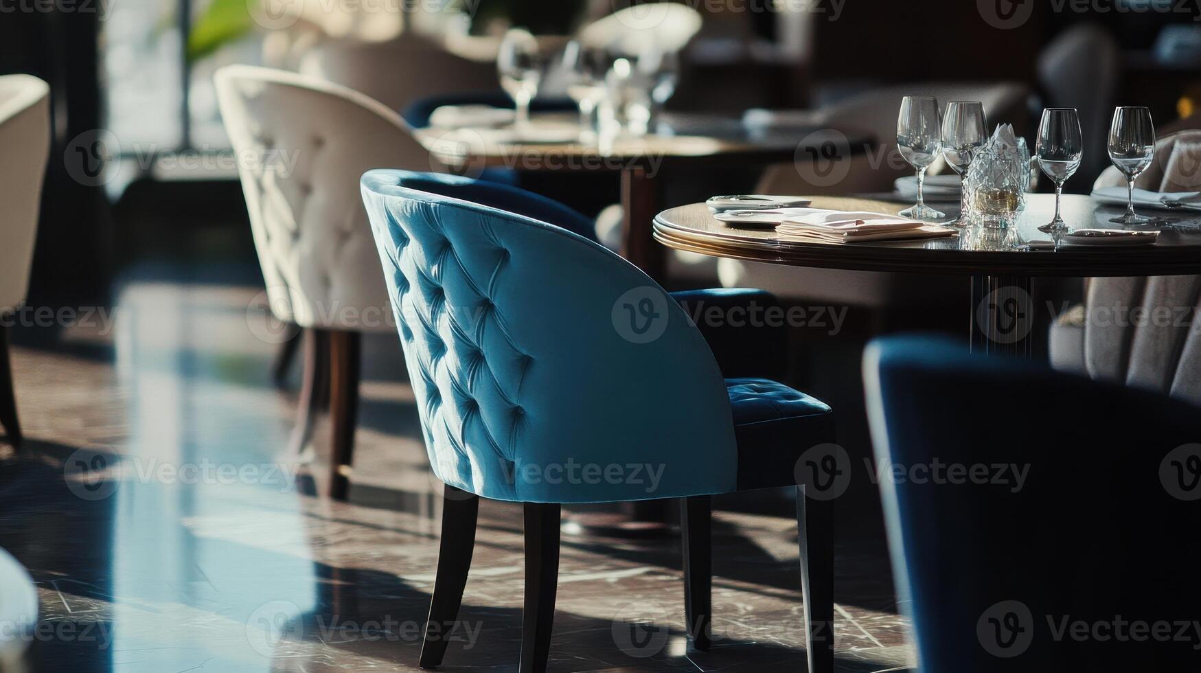 Elegant Dining Room With Stylish Chairs and Fine Table Settings in Luxurious Restaurant During Late Afternoon photo