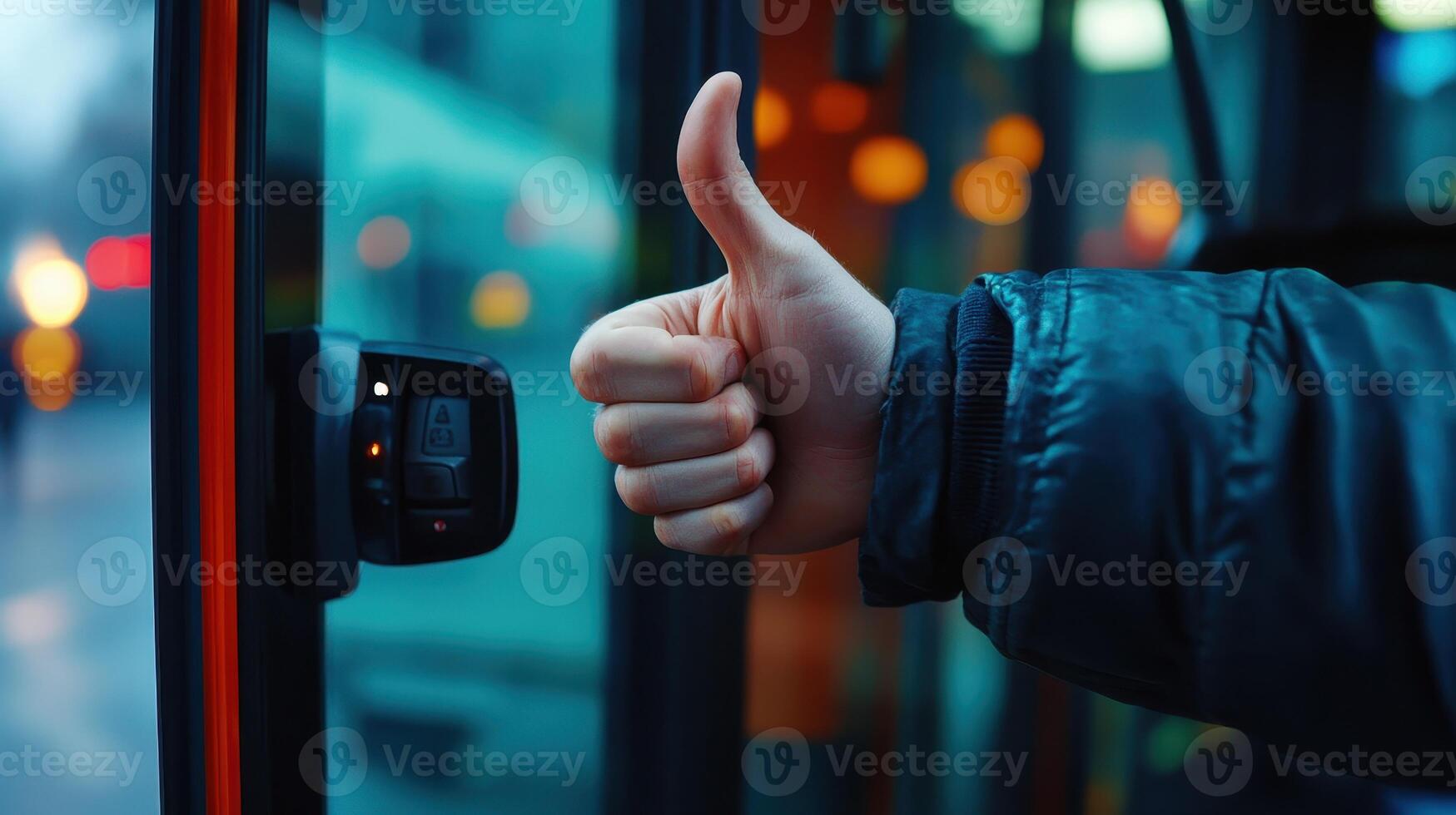 Person Giving a Thumbs Up Near Public Transportation Stop in Urban Environment During Early Evening photo