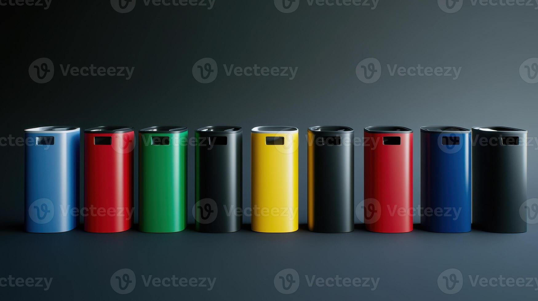 Various Colored Waste Bins Line Up Against Dark Background in Studio Setting photo