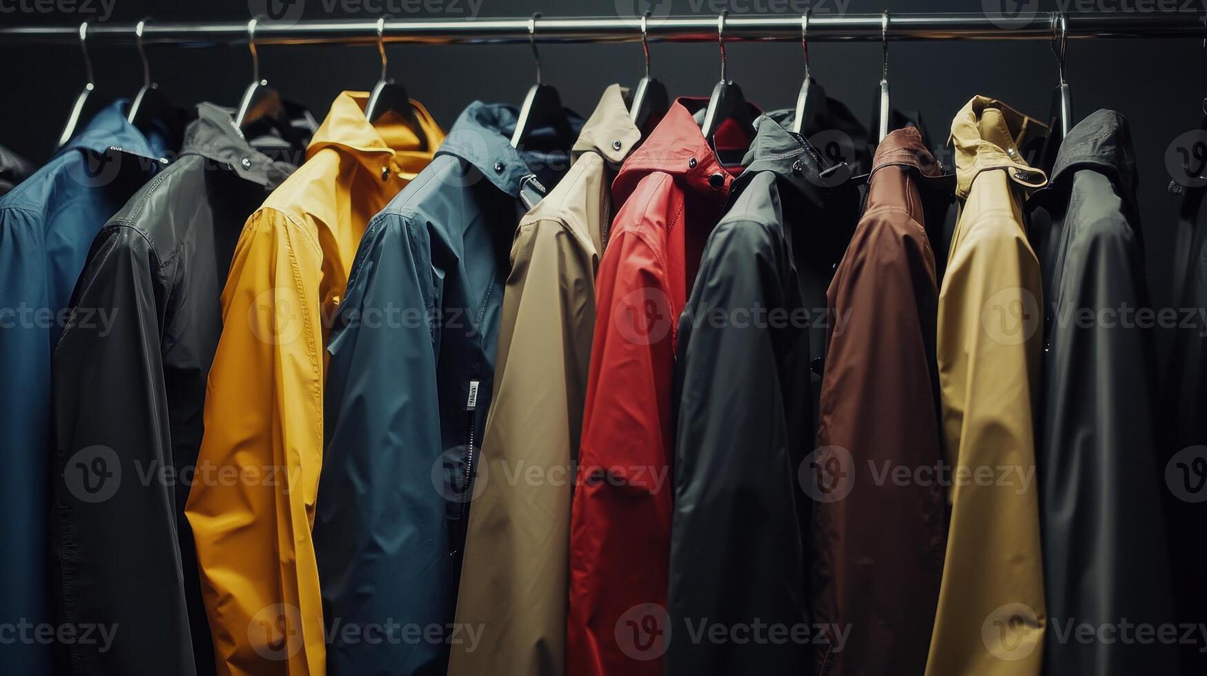 Collection of Colorful Rain Jackets Hanging on a Rack in a Store Displayed During Evening Hours photo