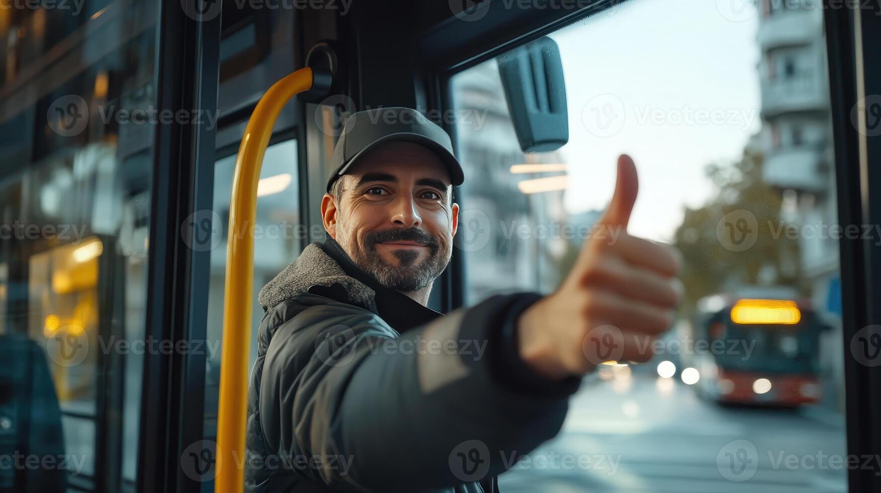 Smiling Man Giving Thumbs Up Inside City Bus During Evening Commute in Urban Setting photo
