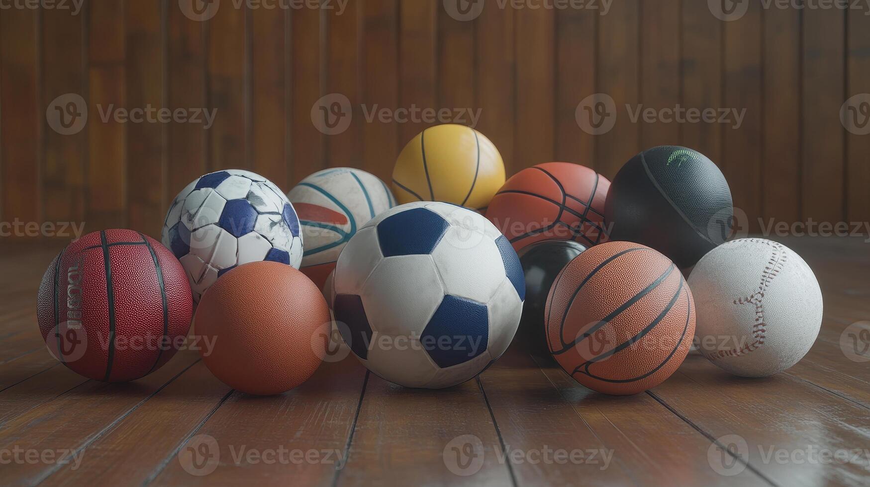 A Colorful Array of Sports Balls Lined Up on Wooden Floor in Indoor Setting photo