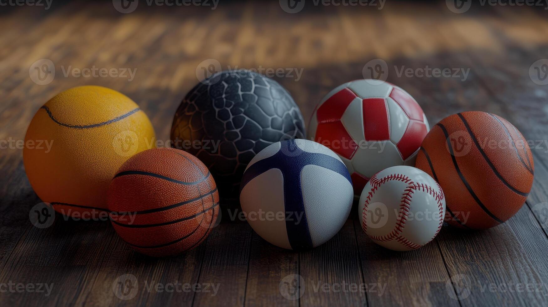 A Colorful Collection of Various Sports Balls Arranged on a Wooden Surface in Bright Ambient Lighting photo
