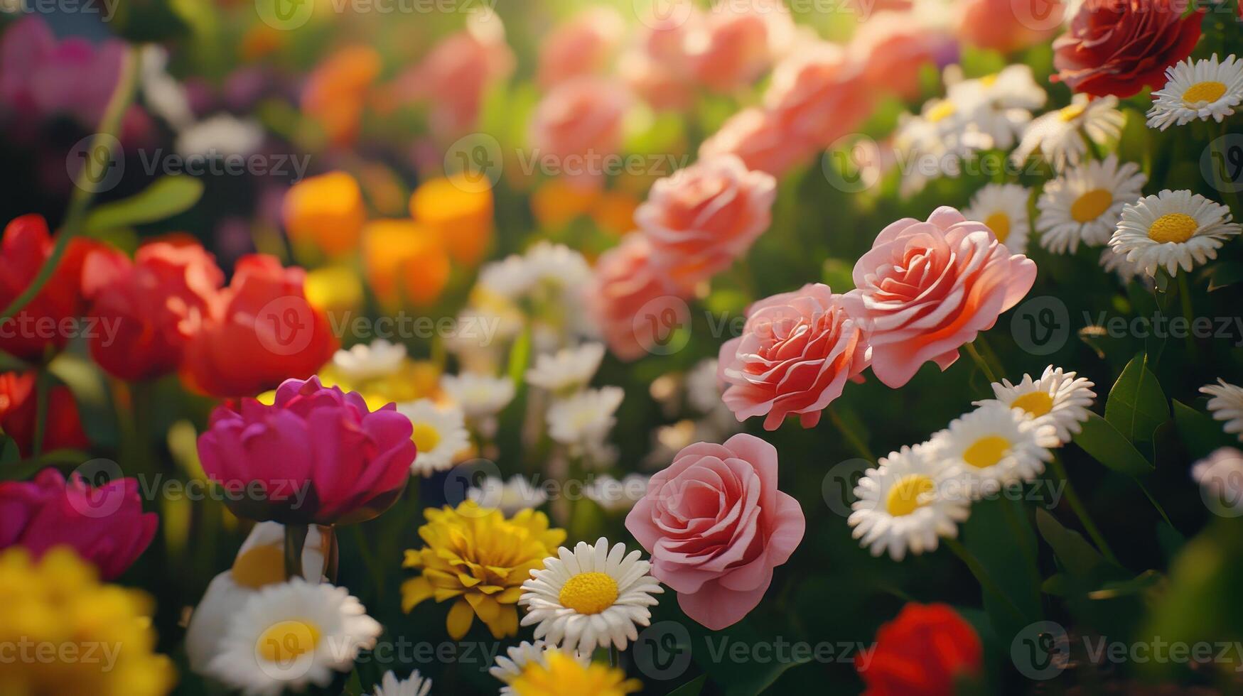 Colorful Garden Blooming With Diverse Flowers Under Soft Sunlight During Early Morning Hours photo