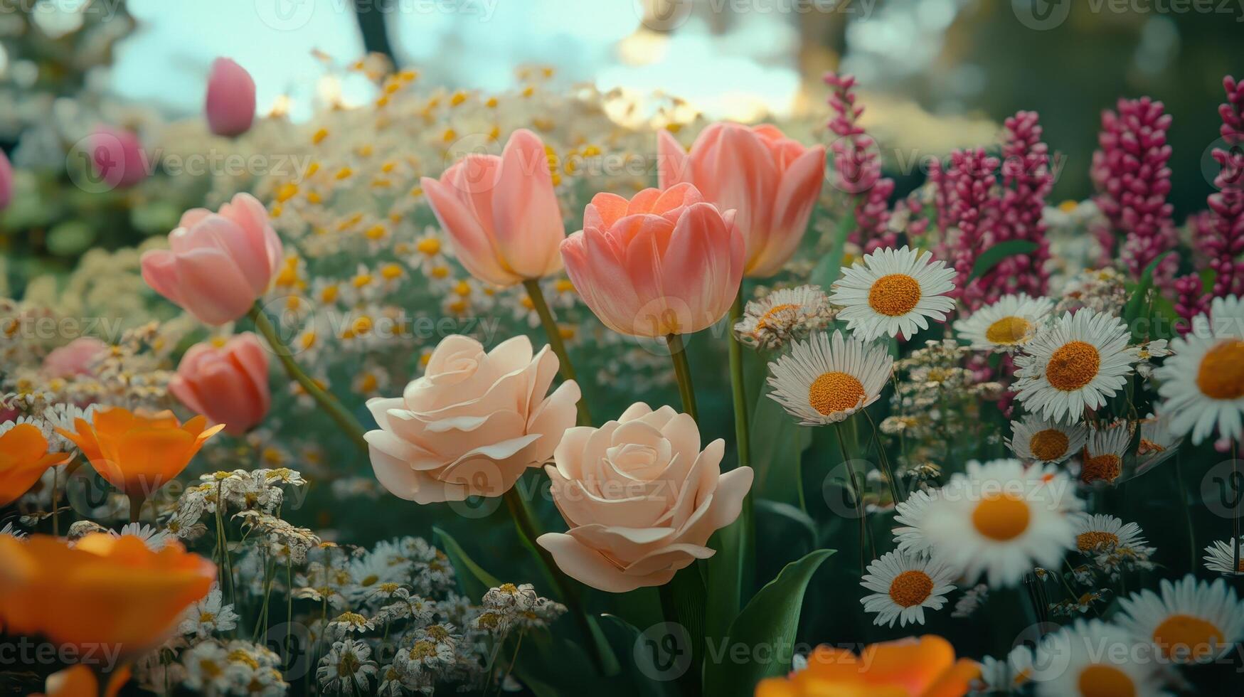 Vibrant Garden Display of Pink Tulips, White Daisies, and Colorful Wildflowers in Bloom During Springtime Afternoon photo