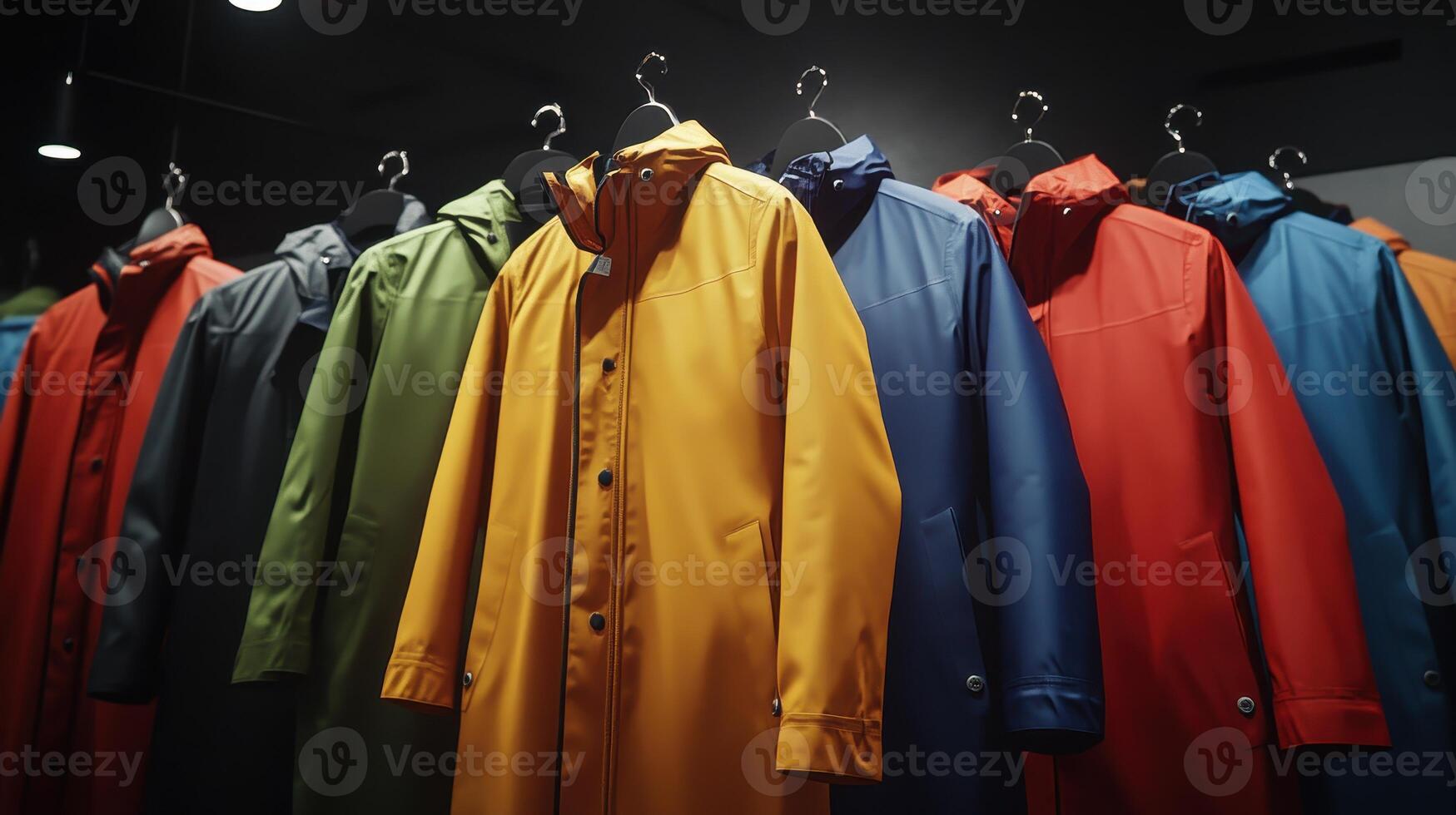 Colorful Raincoats Displayed on Hangers in Retail Store During Overcast Day photo