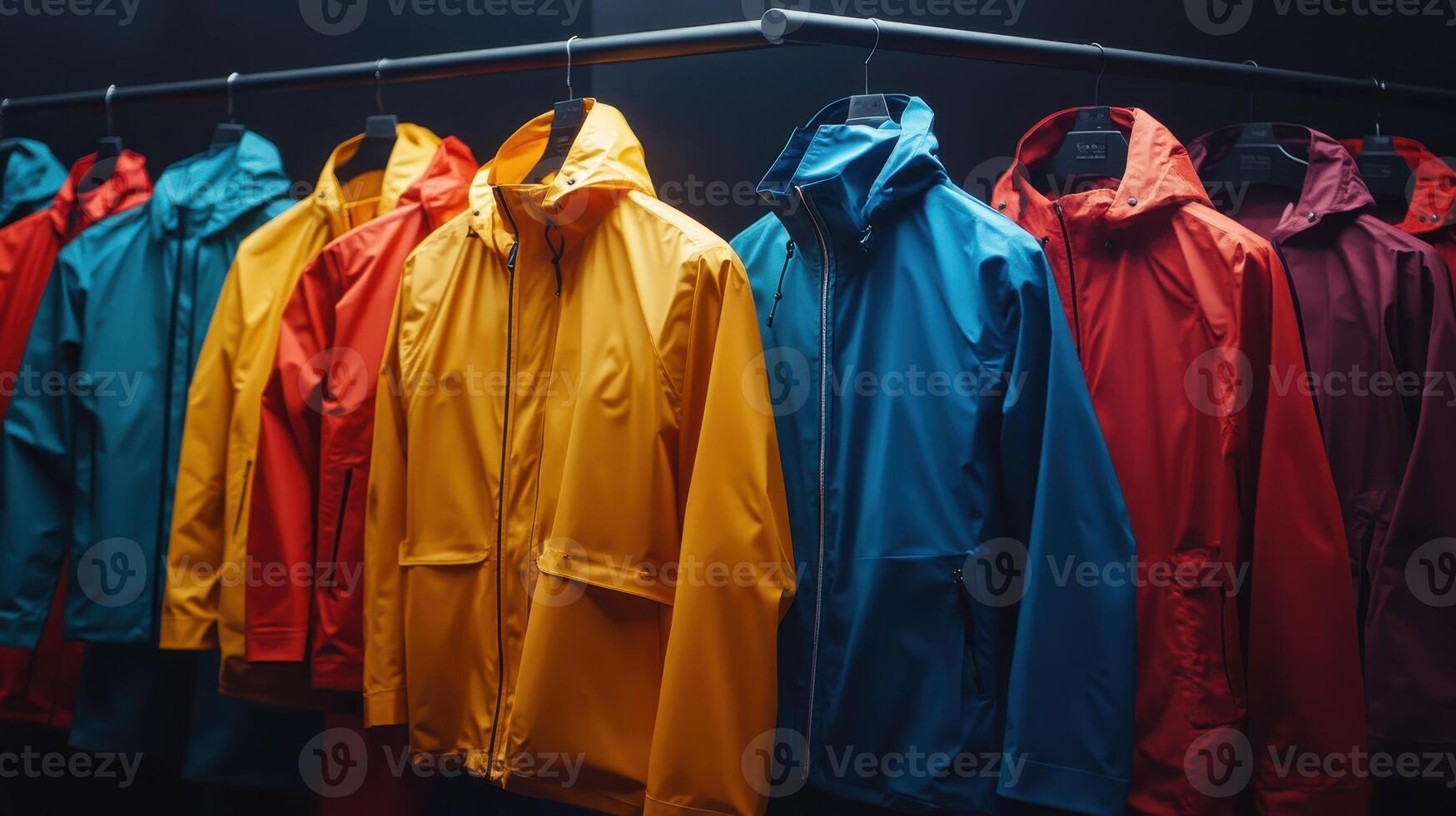 Vibrant Collection of Rain Jackets Hanging on Display in Modern Retail Space photo