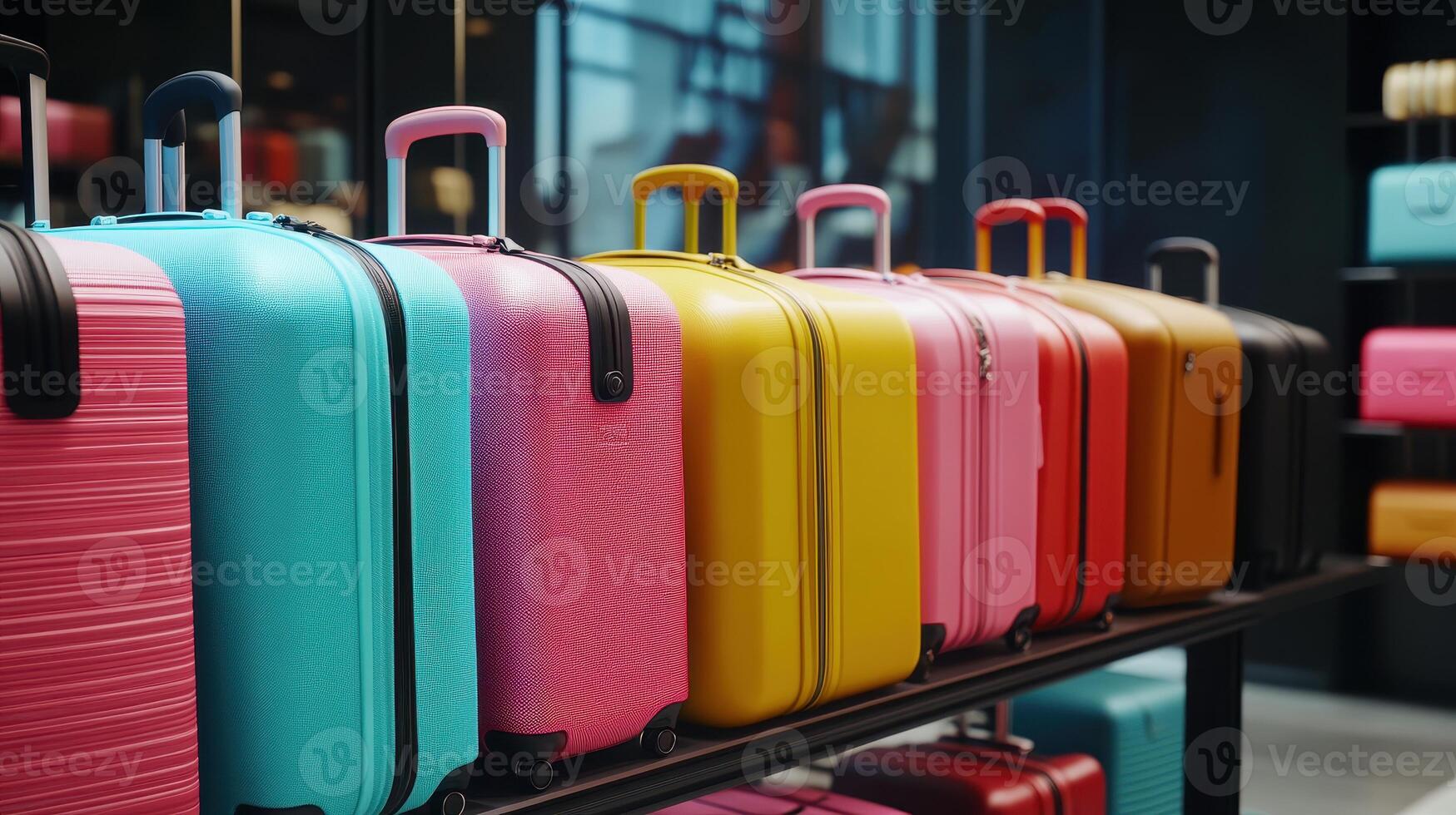 Colorful Collection of Luggage Displayed in Modern Retail Store in Daylight photo
