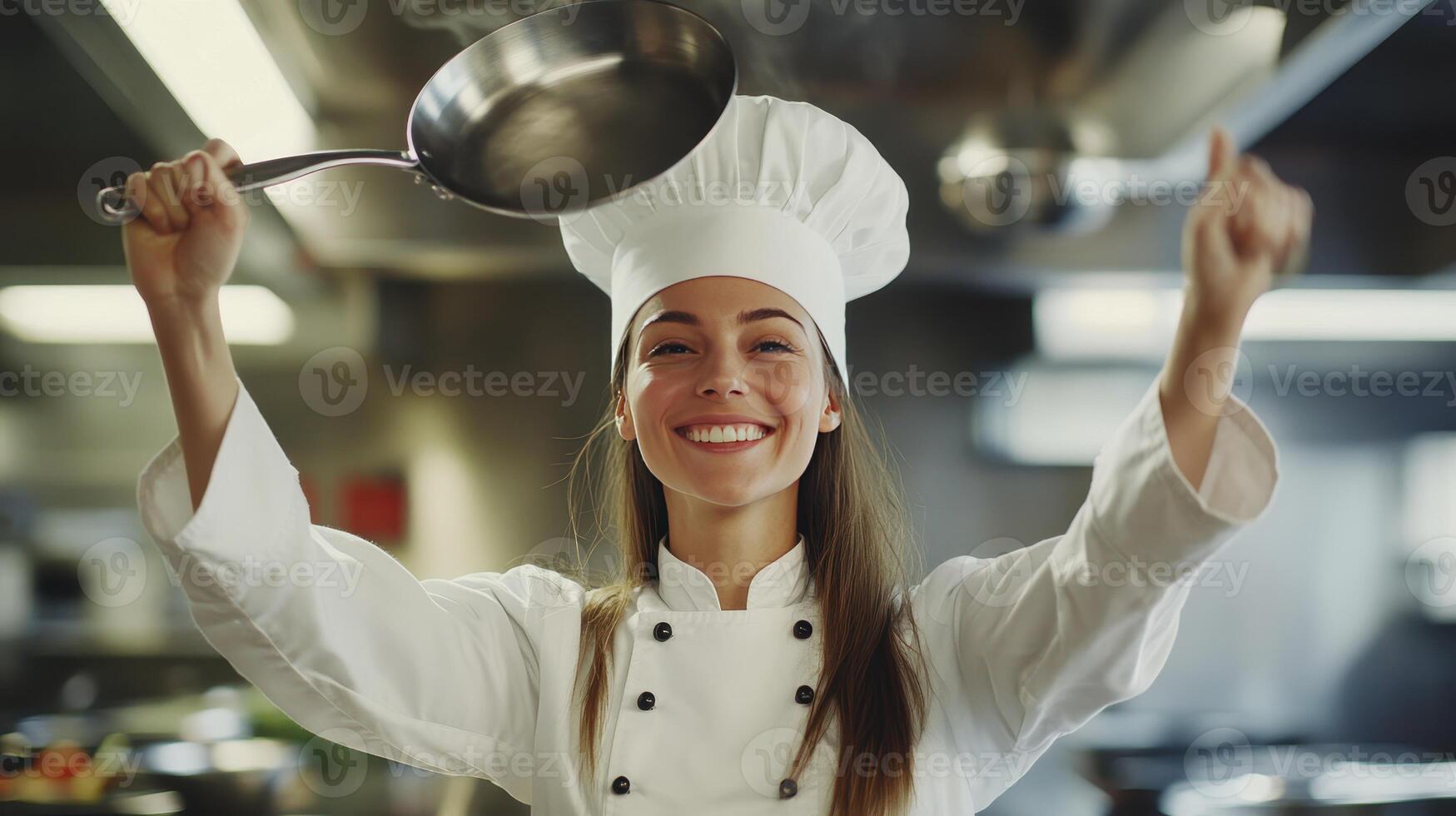 Young Chef Celebrating Success in Professional Kitchen With Pan Stirring and Big Smile photo