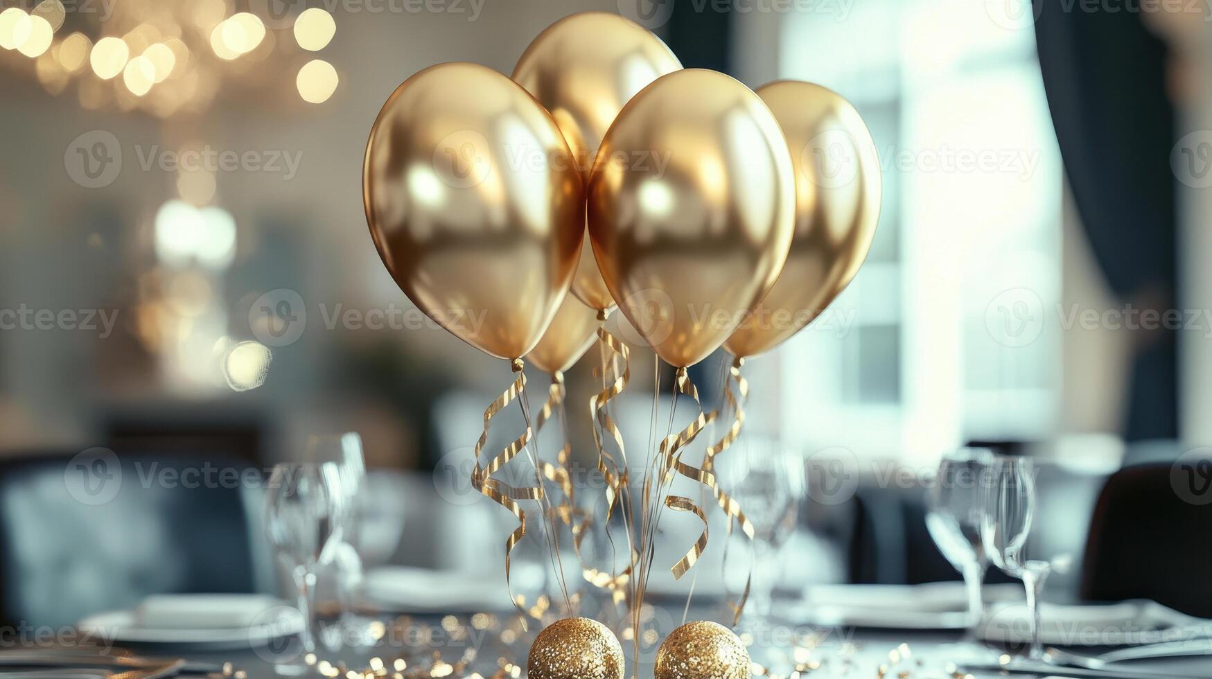 Elegant Golden Balloons Decorate a Festive Table Setting for a Celebration Event photo