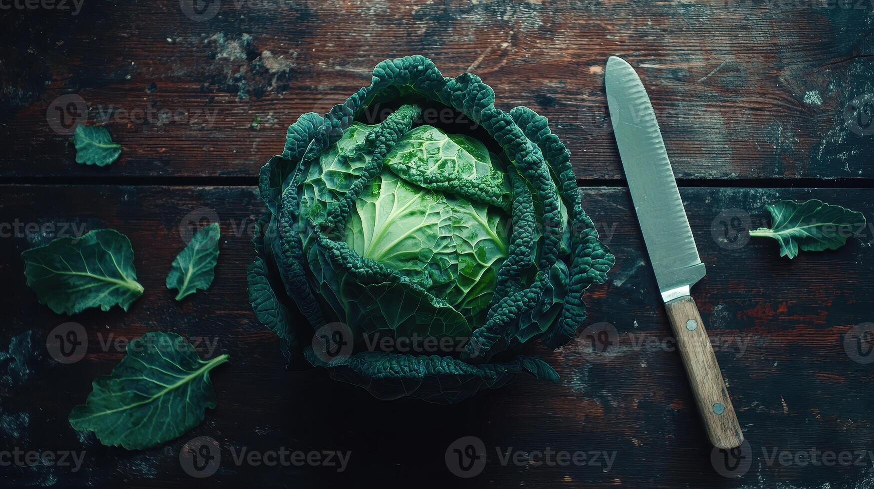 Fresh Cabbage With Realistic Green Leaves And A Knife On Rustic Wooden Table photo