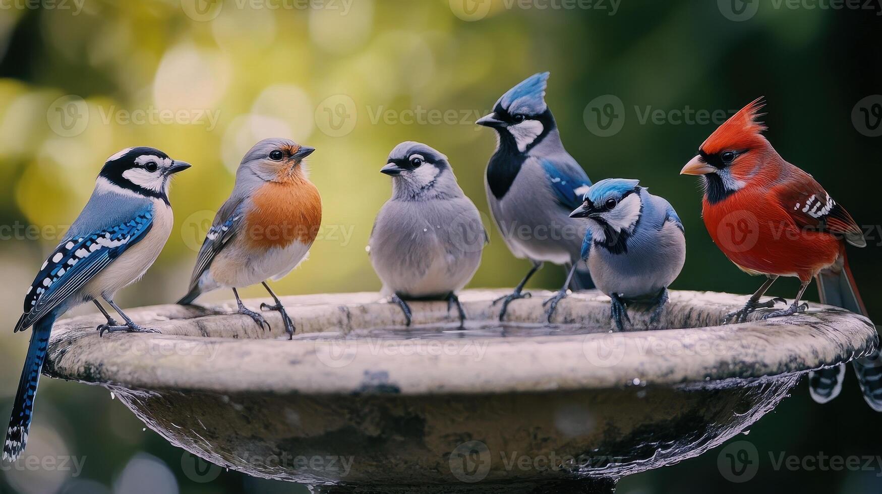 Colorful Birds Taking a Refreshing Bath at a Backyard Birdbath During a Sunny Afternoon photo