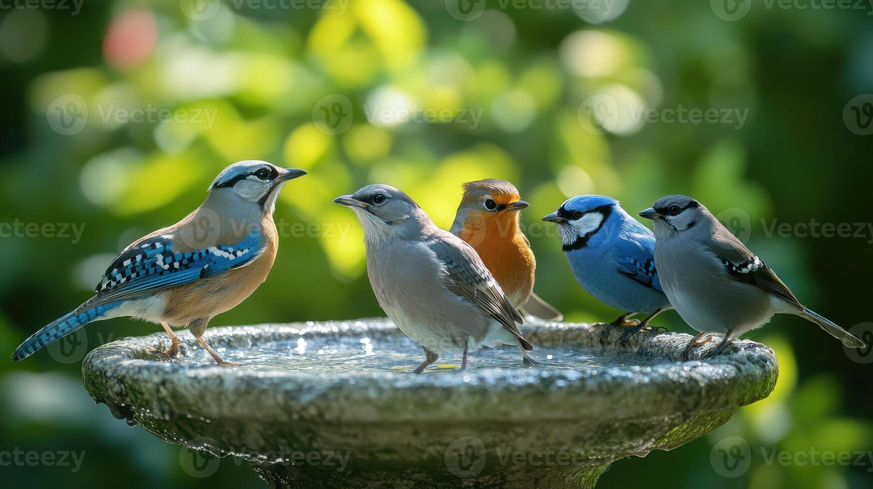 Five Colorful Birds Gather Around A Birdbath In A Lush Garden During A Sunny Afternoon photo