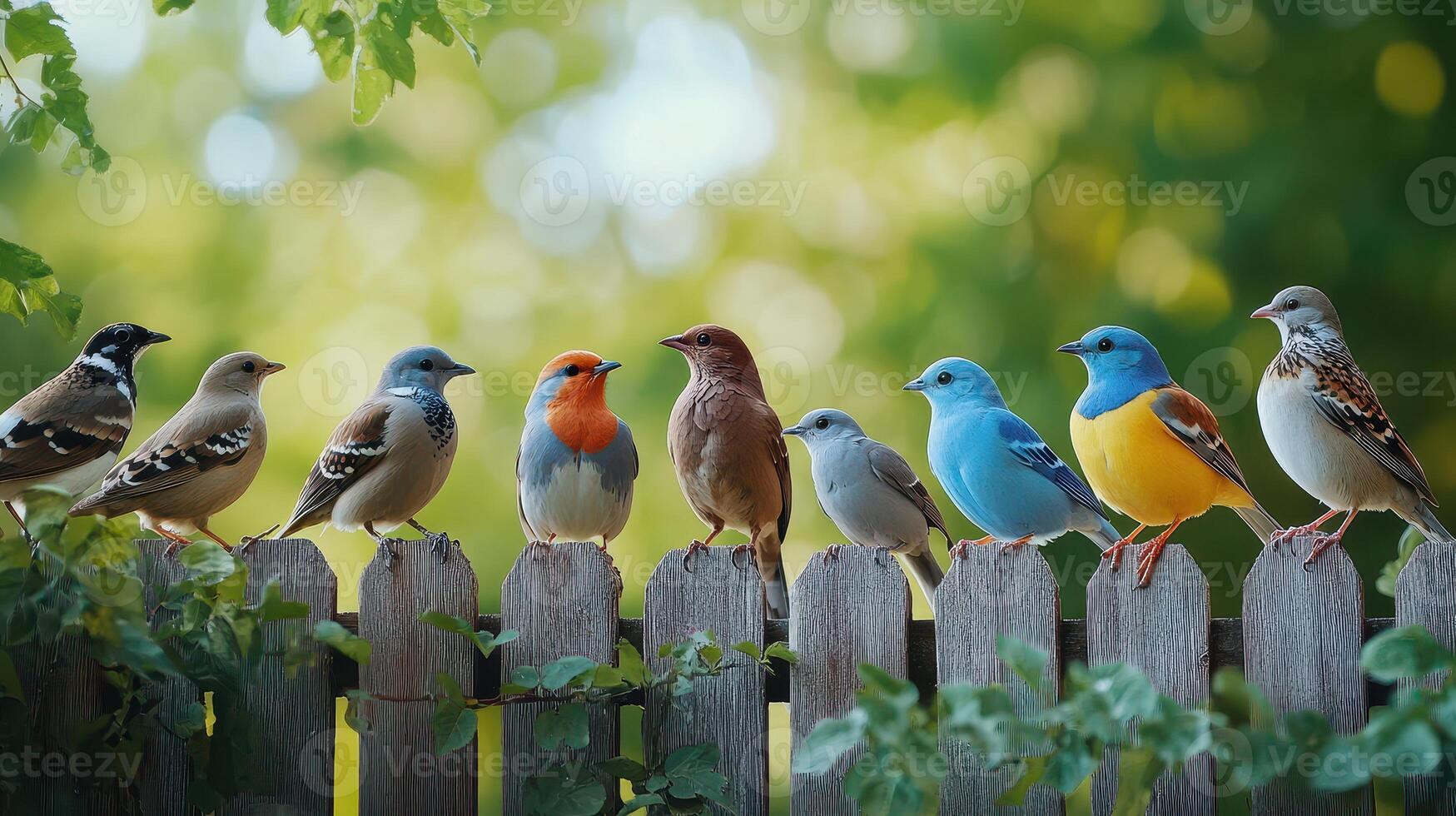 Colorful Birds Perched on a Wooden Fence Against a Lush Green Background During Early Morning Light photo