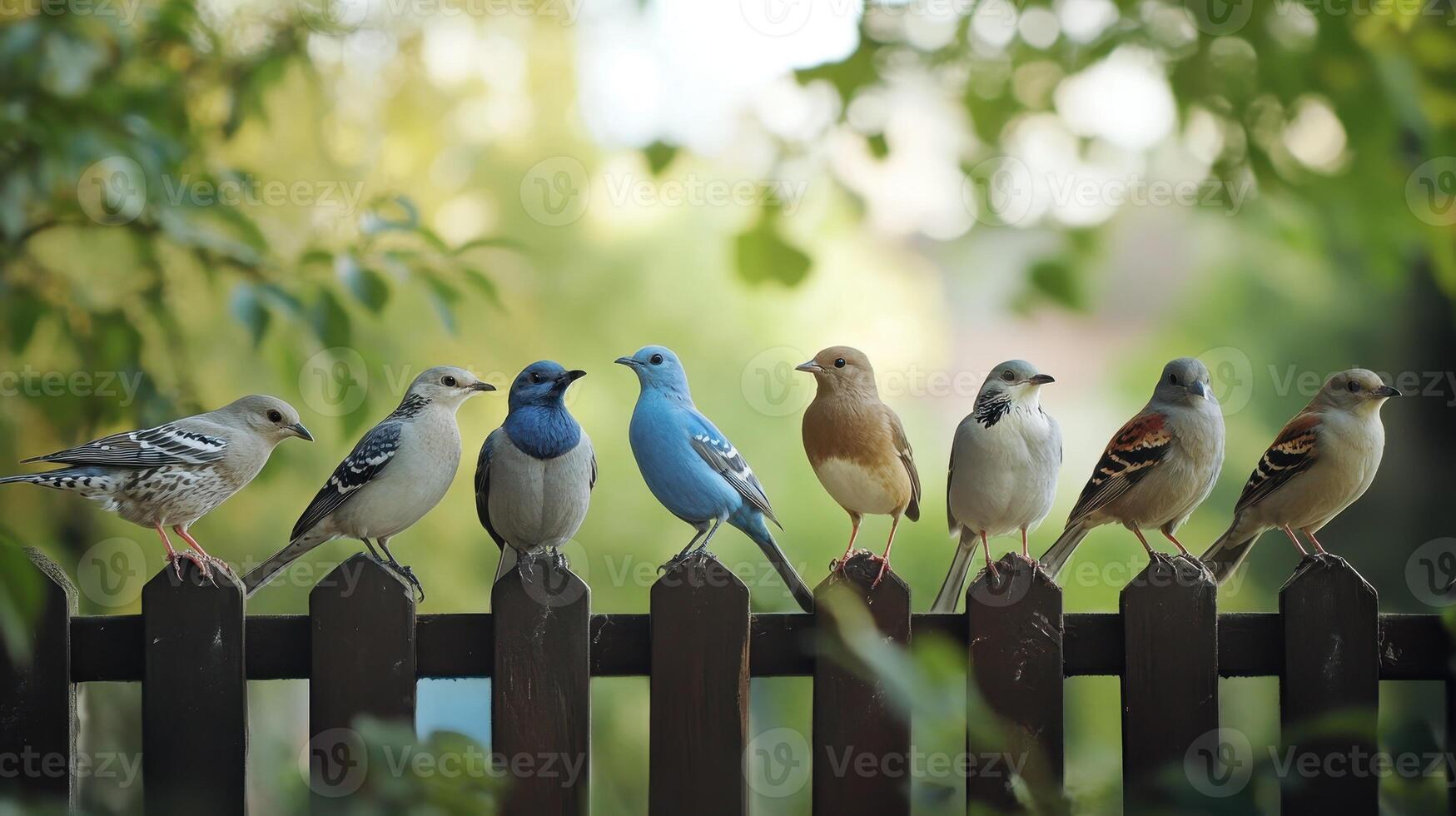 Colorful Birds Perched On A Wooden Fence In A Lush Garden During Late Afternoon Light photo