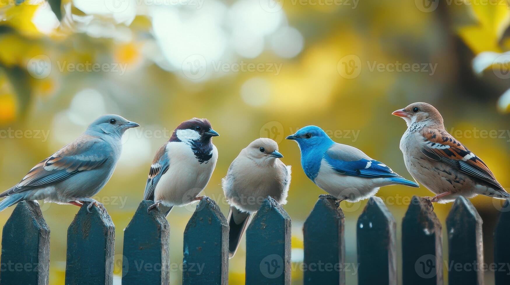 Colorful Birds Perched on a Wooden Fence Surrounded by Greenery in Bright Afternoon Sunshine photo