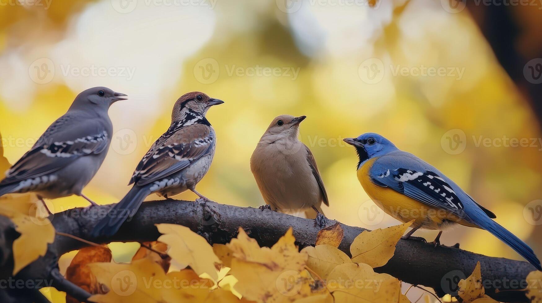 Colorful Birds Gathering on a Branch Amidst Autumn Leaves in a Natural Setting photo