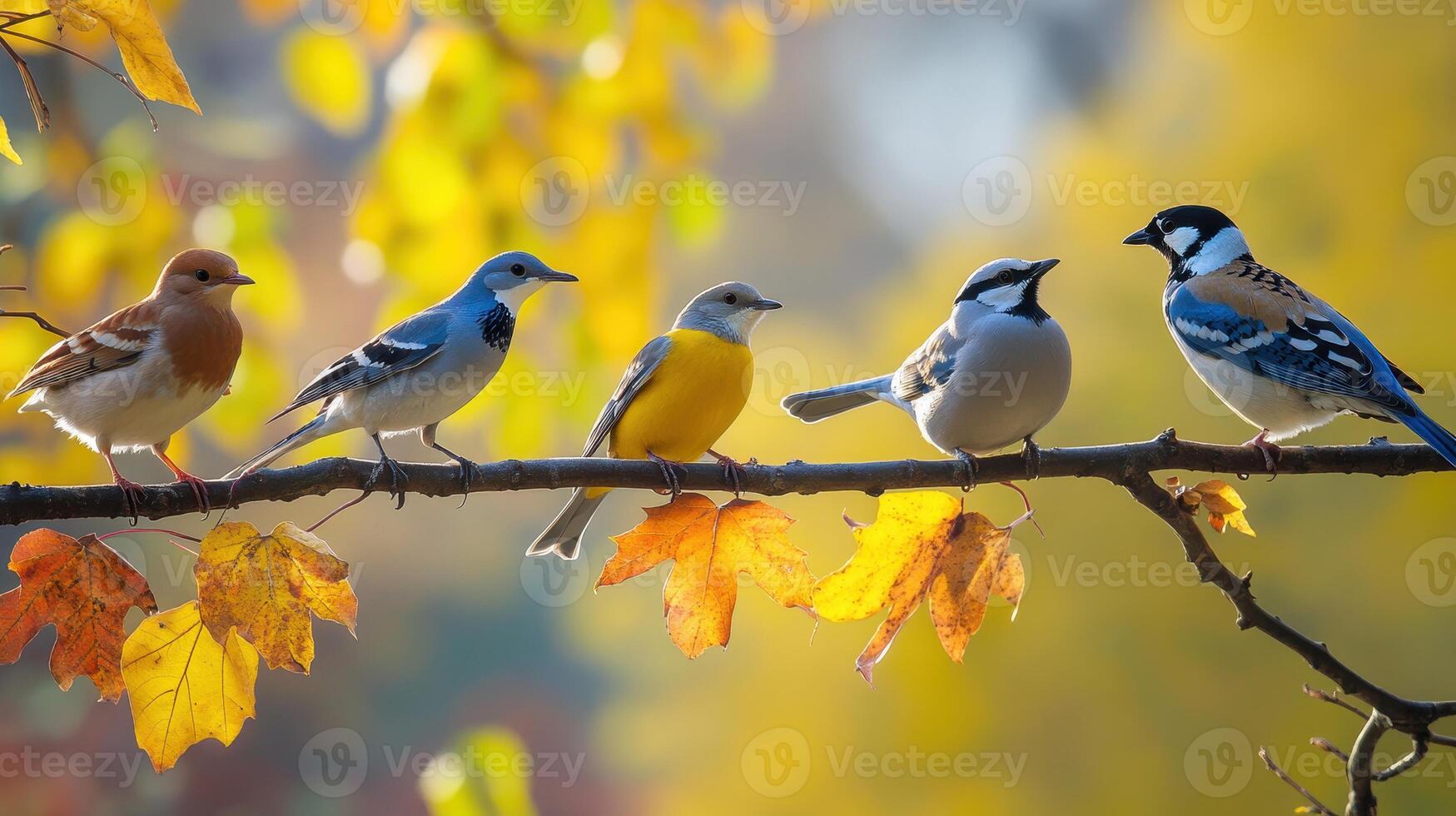 Colorful Birds Perched on a Branch Surrounded by Autumn Leaves in Morning Light photo