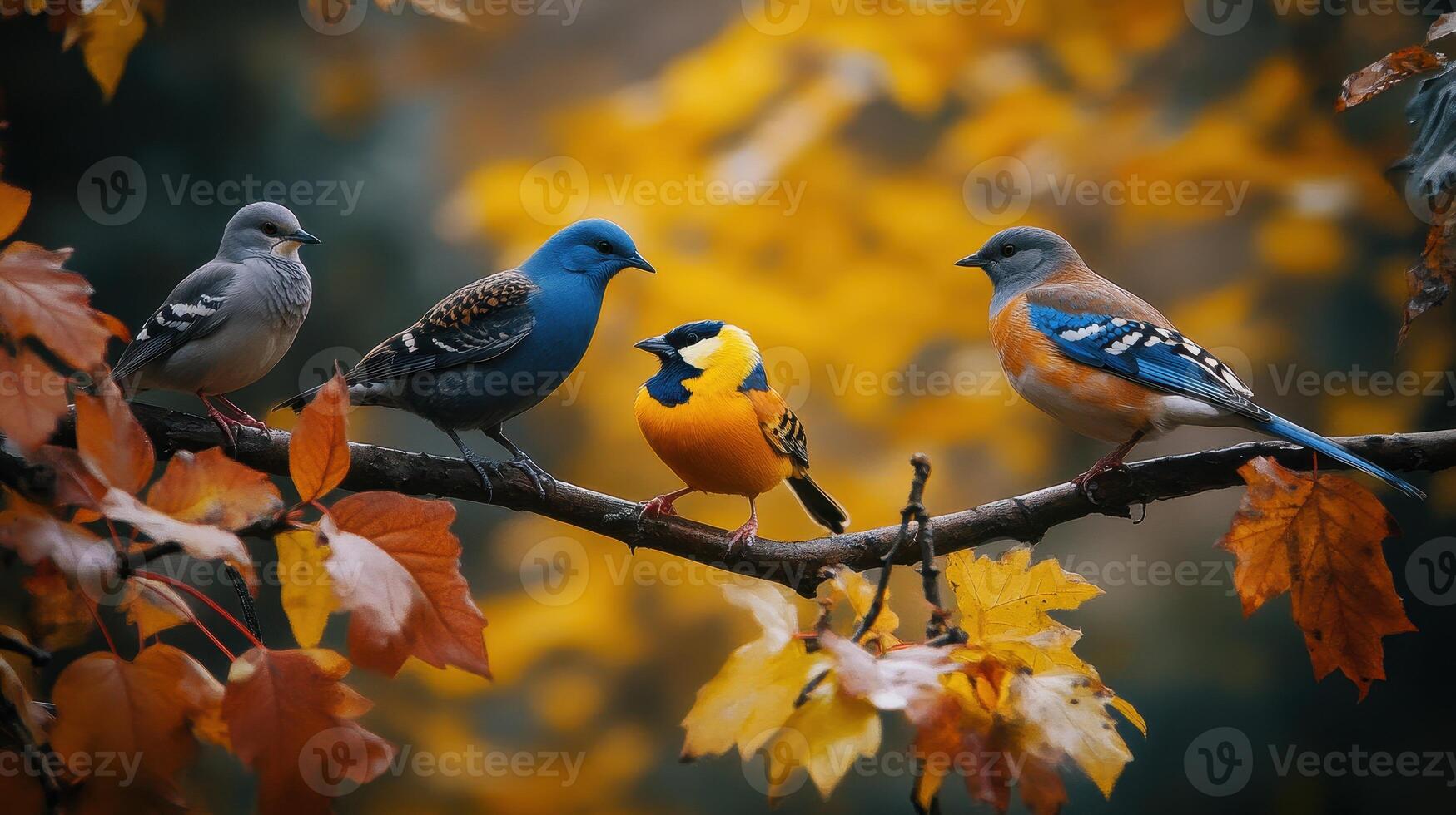 Colorful Birds Perched on a Branch Surrounded by Vibrant Autumn Leaves at Dusk photo
