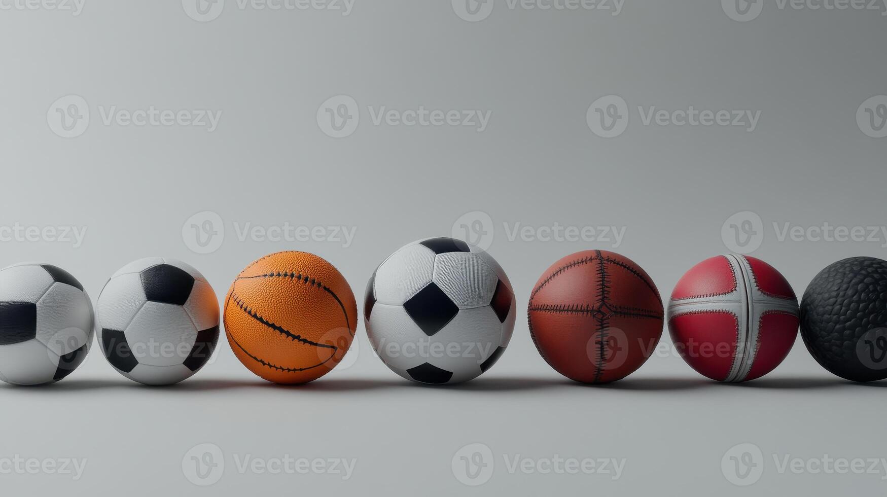 Various Sports Balls Arranged Neatly in a Row on a Simple Background photo