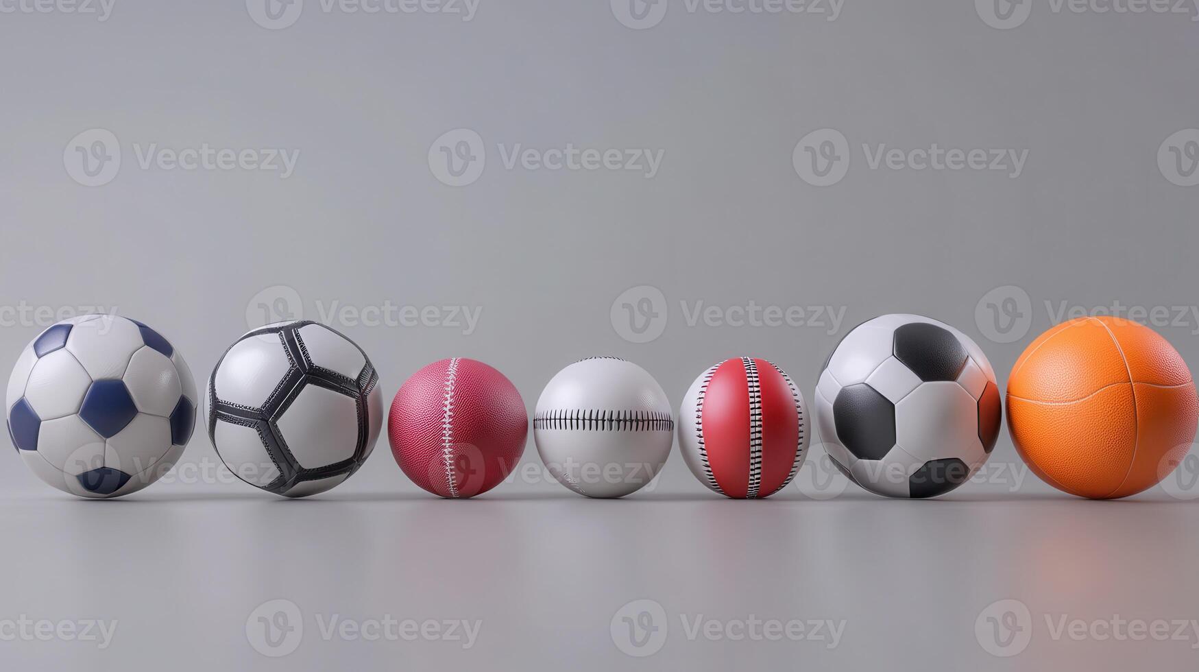 Various Types of Sports Balls Arranged Neatly On A Gray Surface In A Studio Setting photo