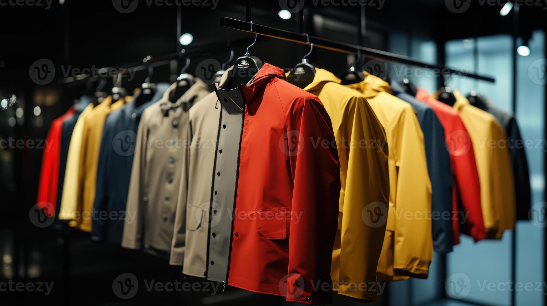 Colorful Rain Jackets Hanging On Display Racks In A Modern Retail Shop photo