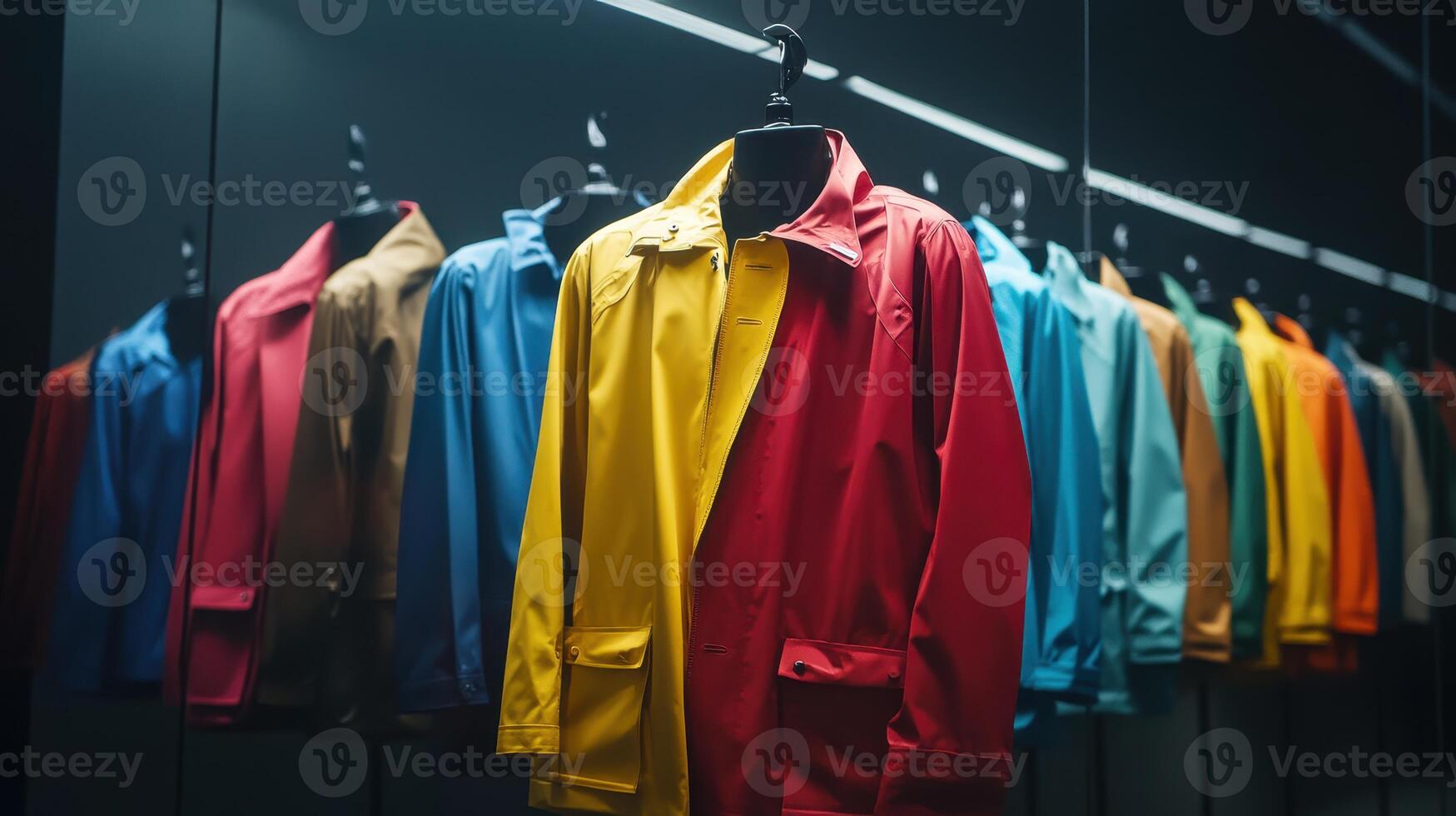 Display of Colorful Raincoats on Hangers Inside a Modern Clothing Store photo