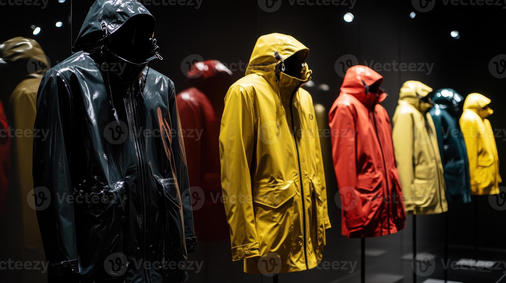 Gallery Display of Colorful Raincoats in Various Shades Showcasing Fashion Design Trends During Contemporary Art Exhibition photo