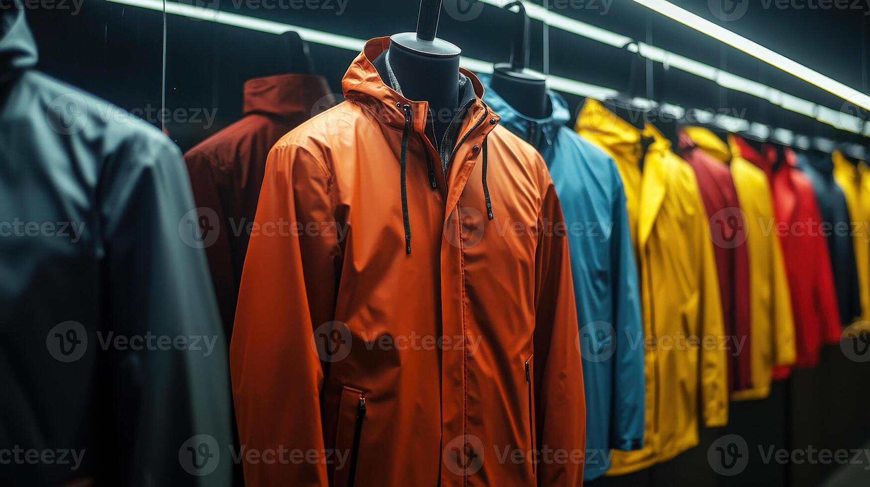 Colorful Rain Jackets Displayed on Mannequins in a Modern Clothing Store Setting photo