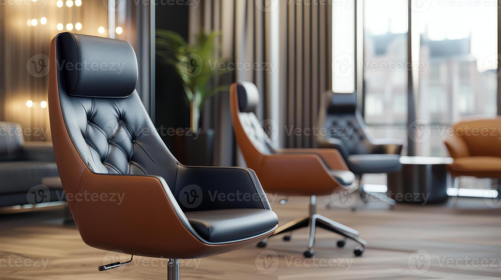 Modern Office Interior Featuring Stylish Leather Chairs and Elegant Decor in a Sunlit Space photo
