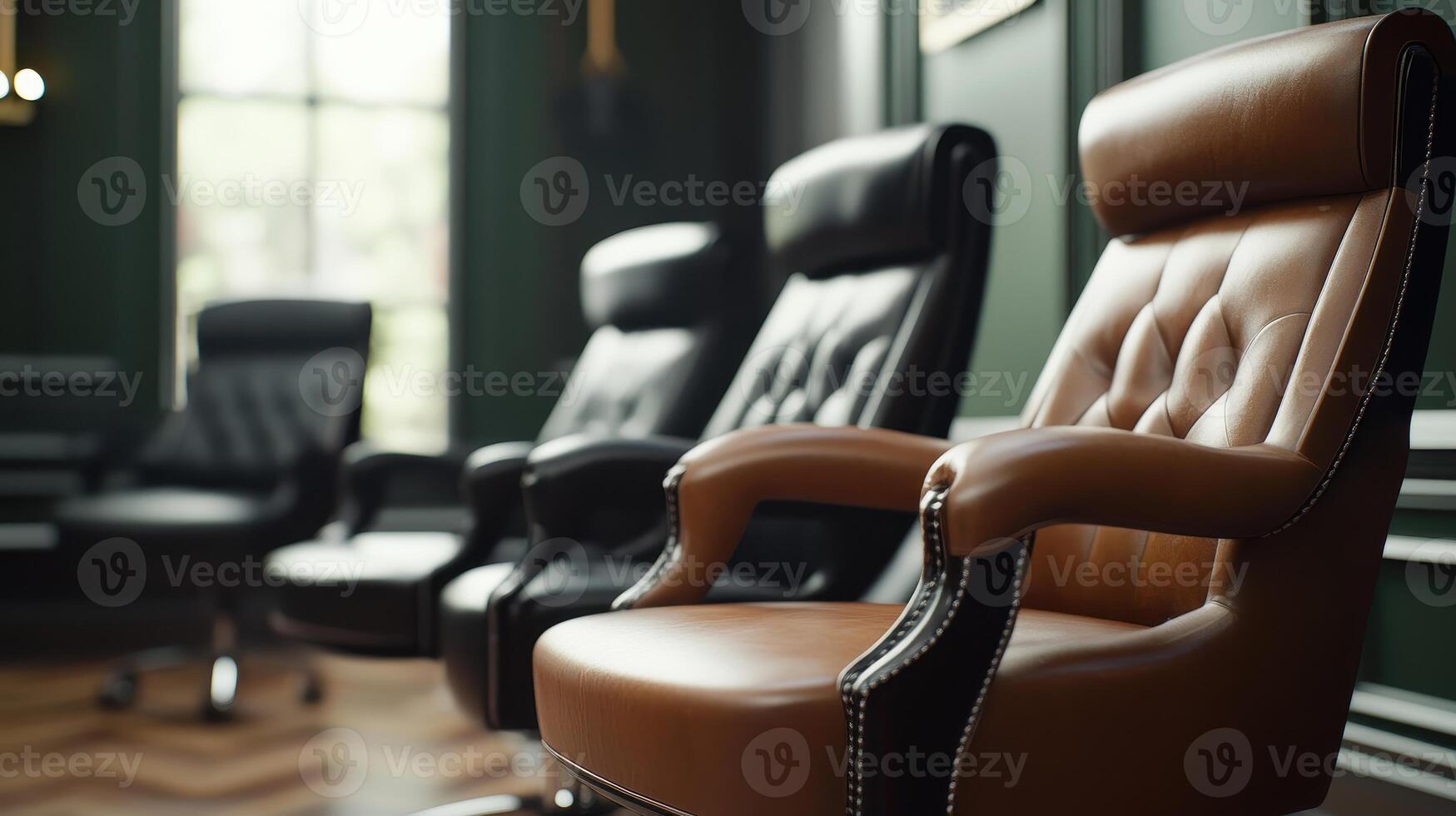 Elegant Office Chairs in a Cozy Workspace With Rich Green Walls at Afternoon Light photo