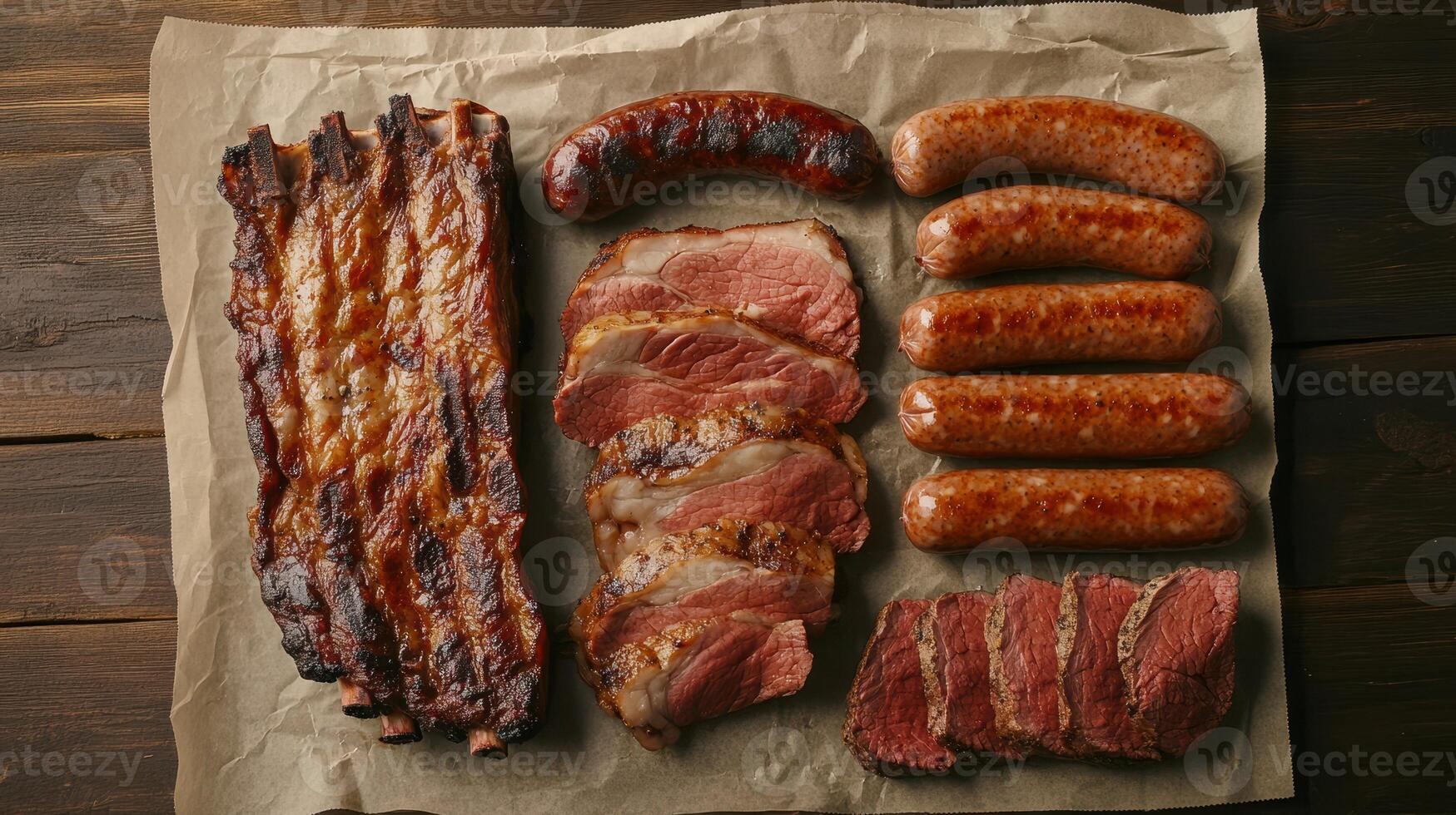 Delicious Selection of Grilled Meats on Craft Paper Served in a Rustic Setting photo