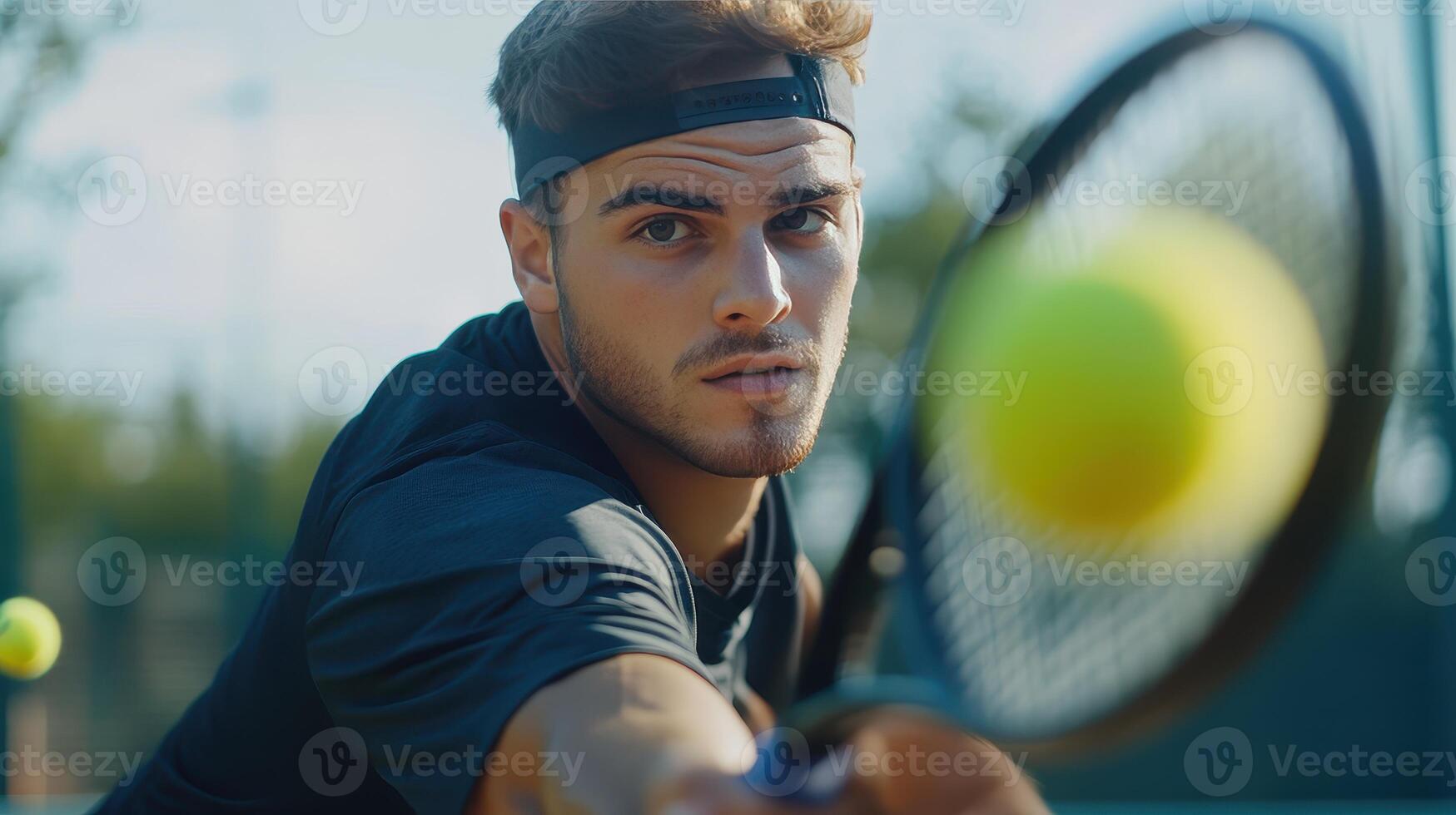 Young Man Playing Tennis on Outdoor Court With Focused Expression During Sunny Afternoon photo