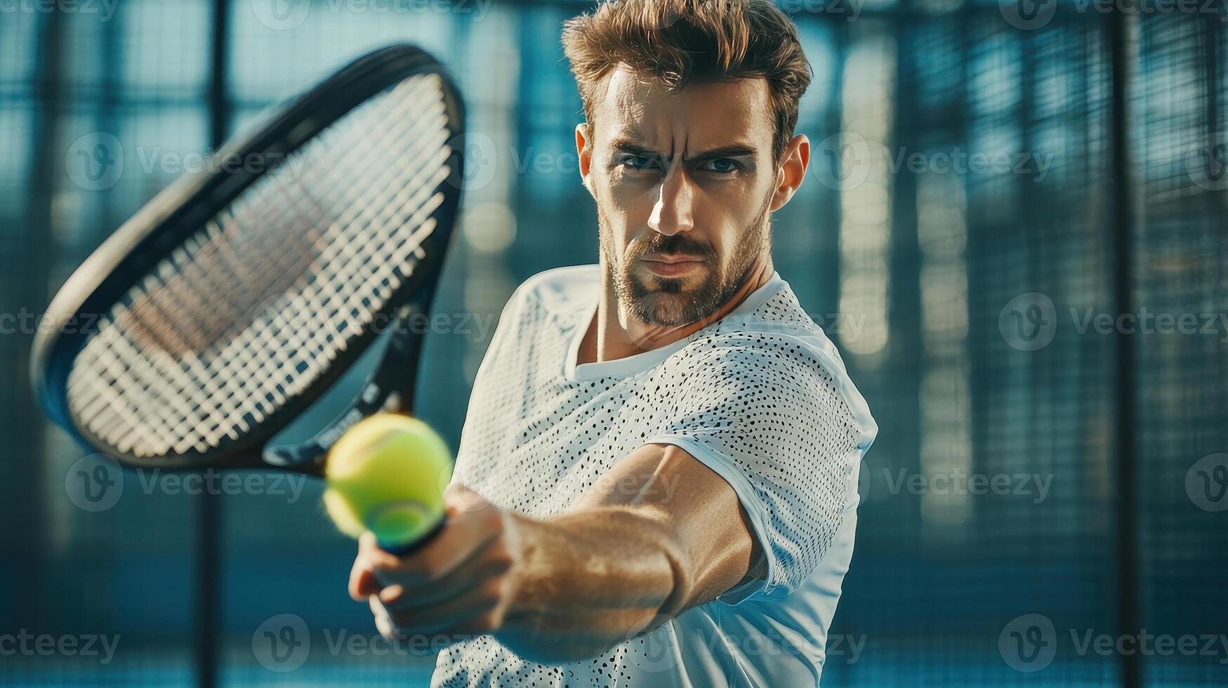 Athlete Practicing Tennis Serve on Outdoor Court in Bright Afternoon Light photo