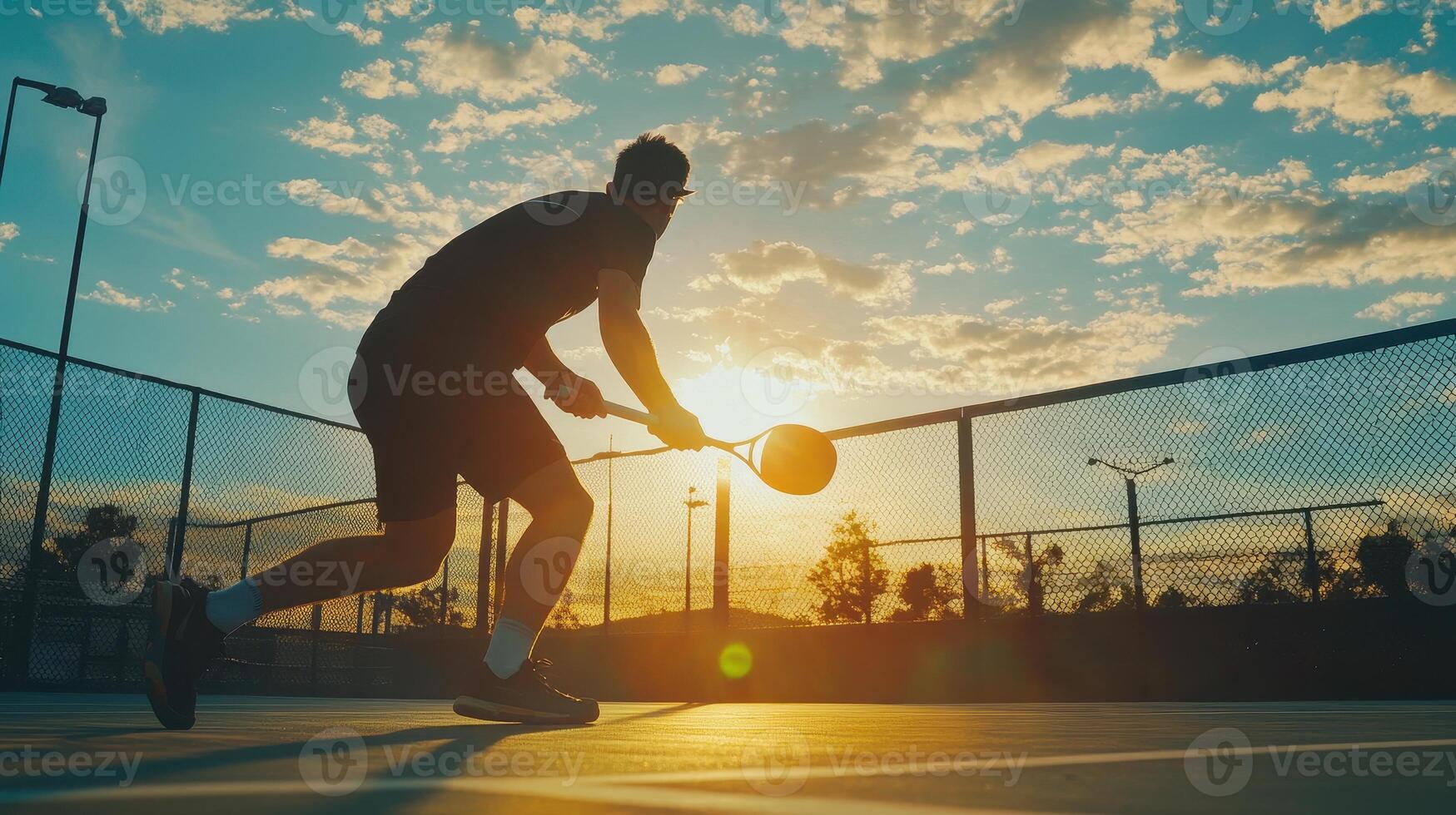 Silhouetted Tennis Player Practicing Under Sunset Sky On Outdoor Court photo