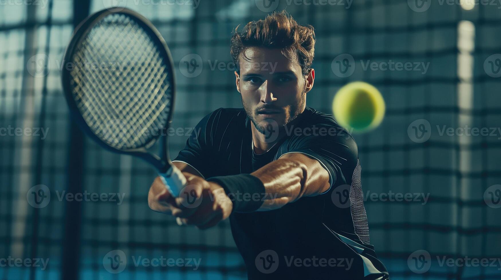Male Tennis Player Hitting a Forehand Shot Inside Indoor Court During Competitive Match photo