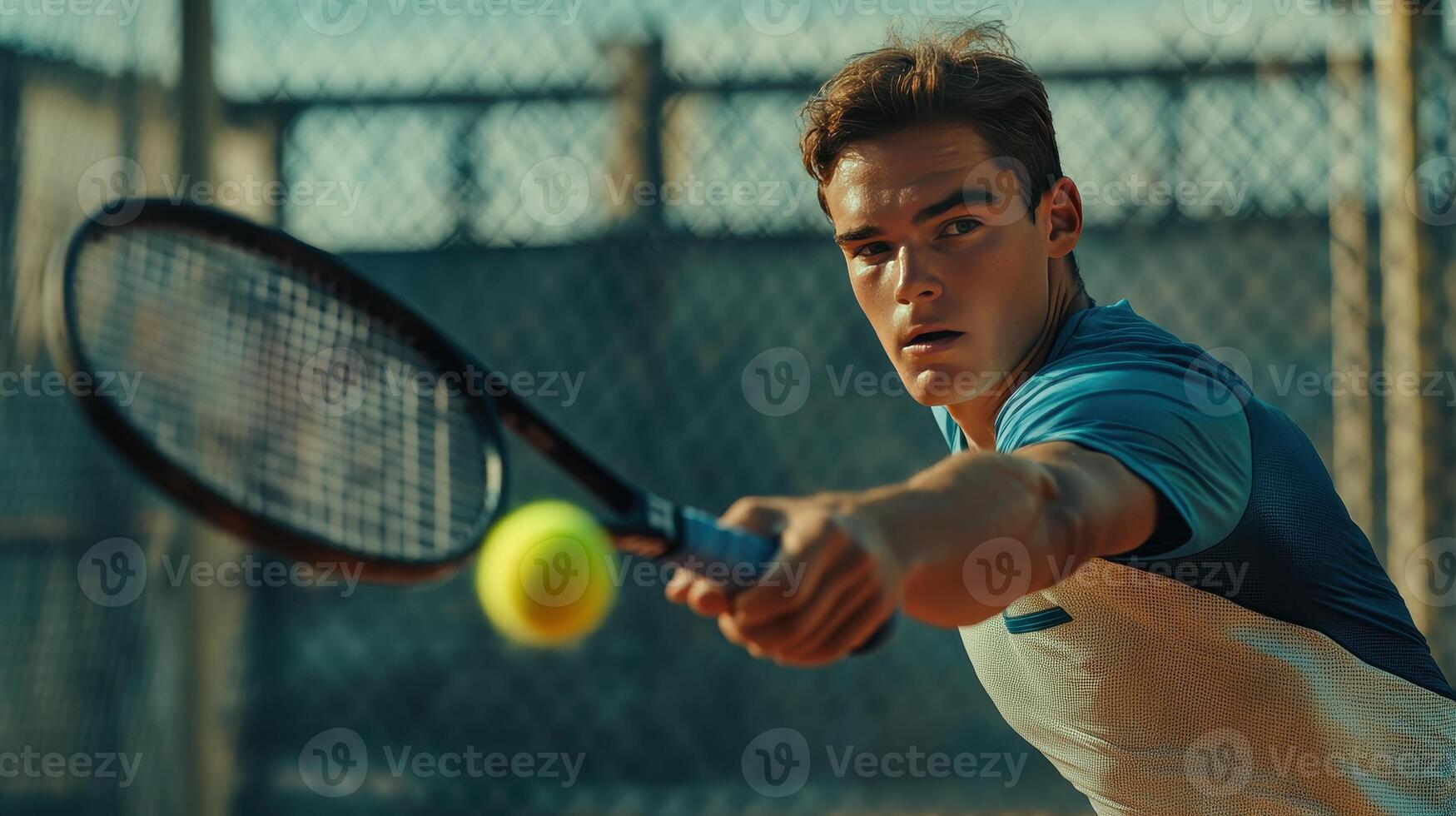 Athlete Hitting a Yellow Tennis Ball on Outdoor Court During Late Afternoon Practice Session photo