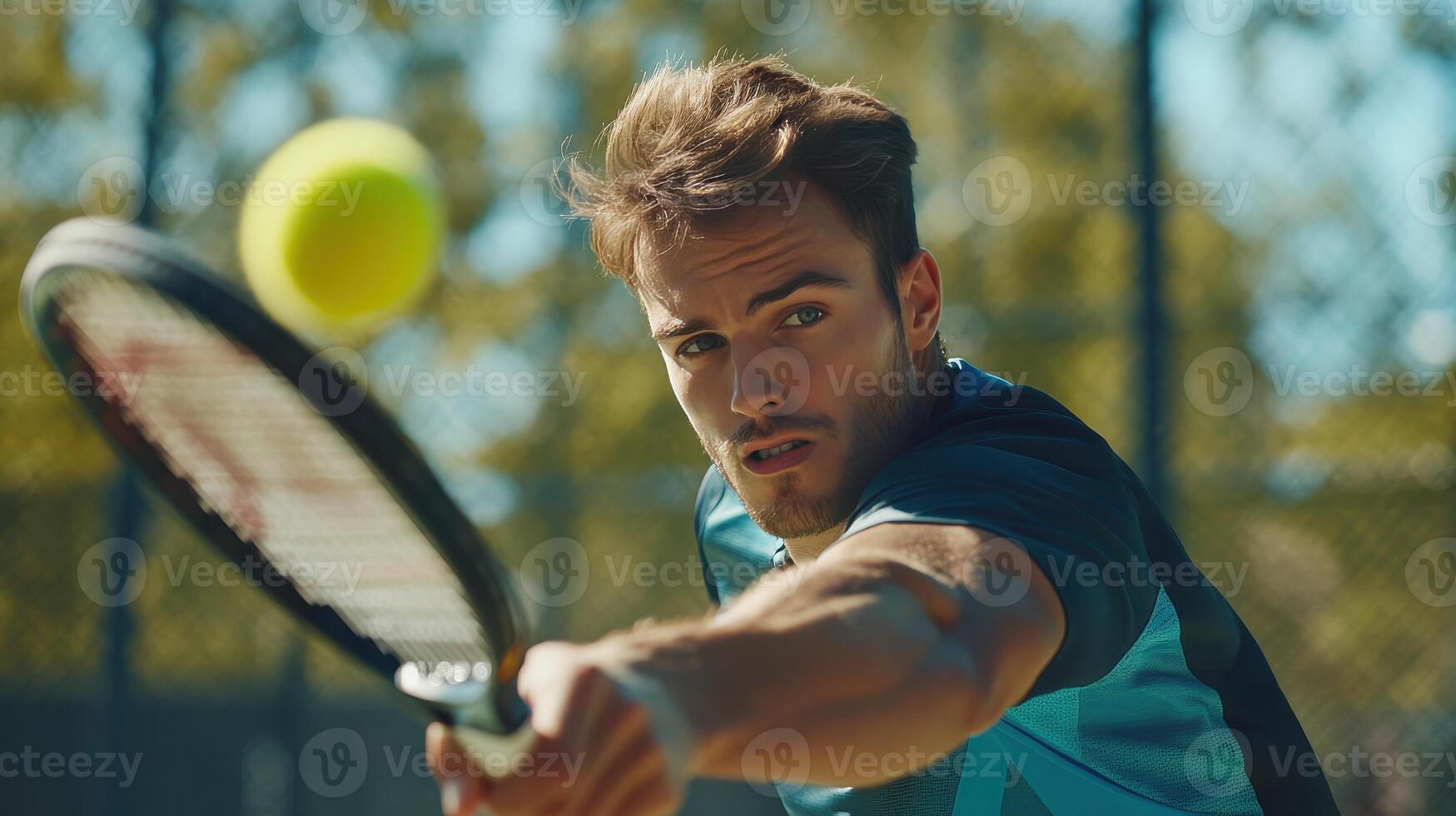 Young Male Tennis Player Hitting a Forehand Shot During Daytime Practice Session on Outdoor Court photo