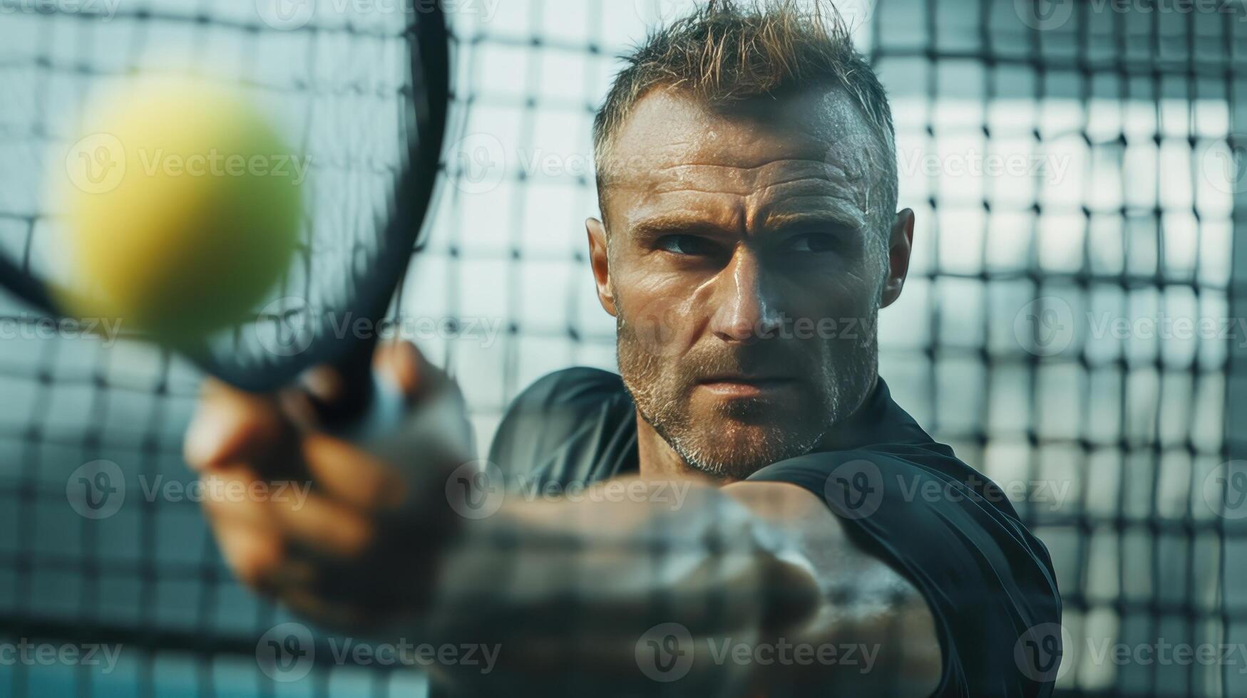 Intense Male Tennis Player Preparing to Serve a Yellow Ball on Outdoor Court During Bright Daylight photo