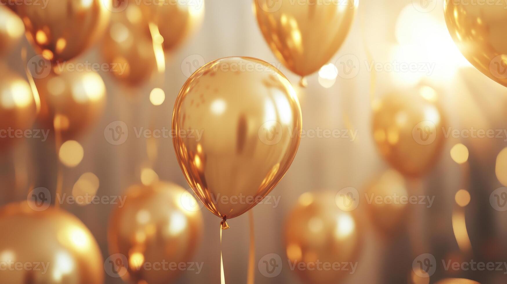 Beautiful Golden Balloons Floating Elegantly at a Celebration in a Well-Lit Venue During Evening Hours photo