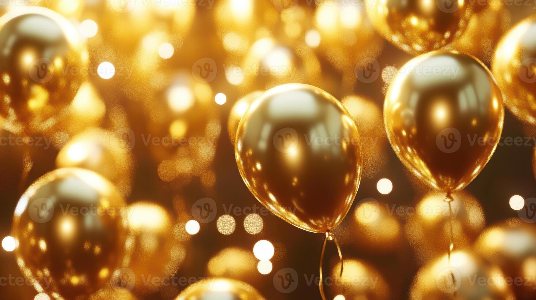 Golden Balloons Floating in Celebration With Sparkling Lights at an Evening Party photo