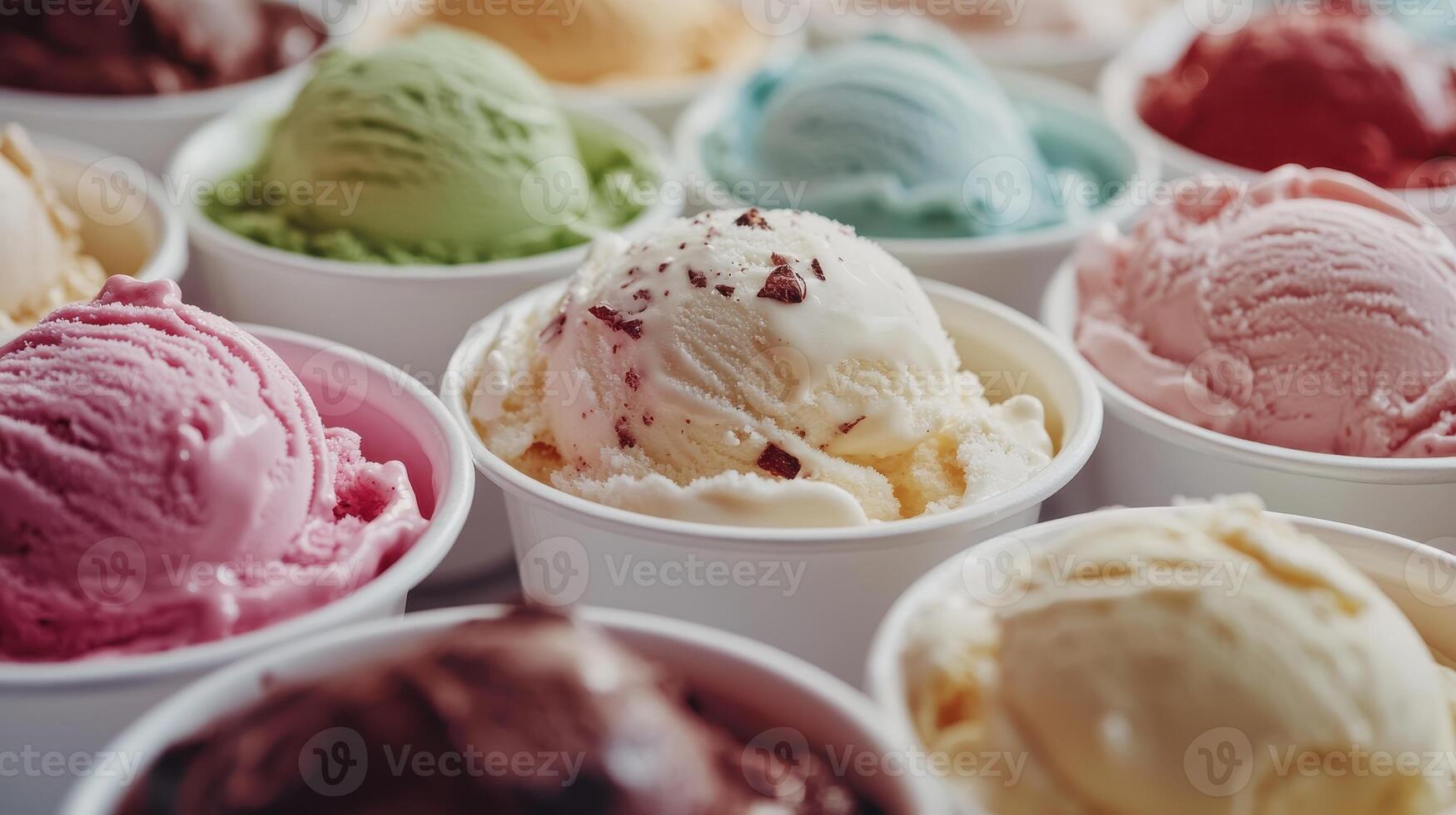 Colorful Assortment of Ice Cream Flavors in Paper Cups at a Summer Festival photo