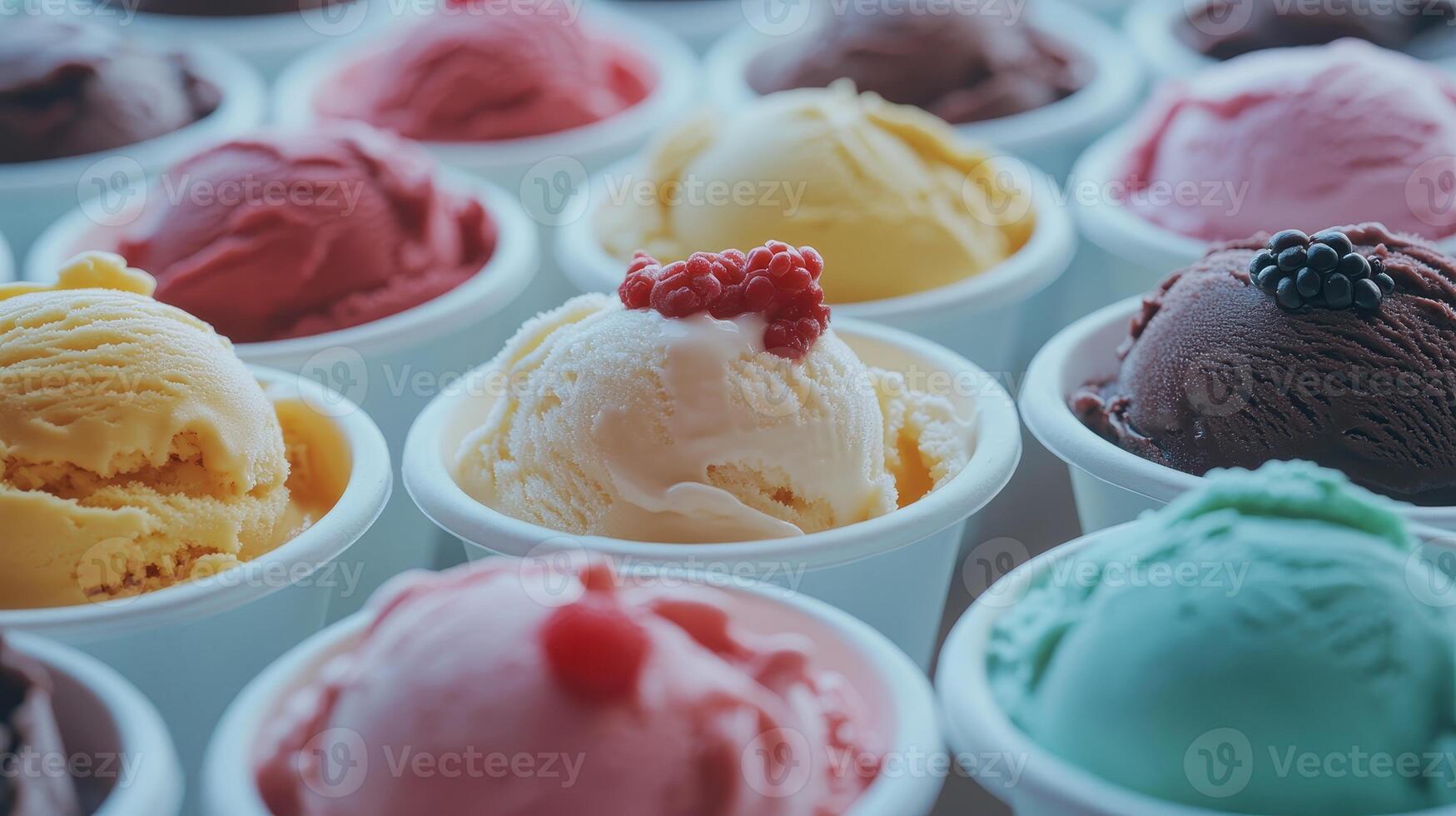 Colorful Assortment of Ice Cream Scoops in Disposable Cups Displayed on a Table During a Summer Day photo