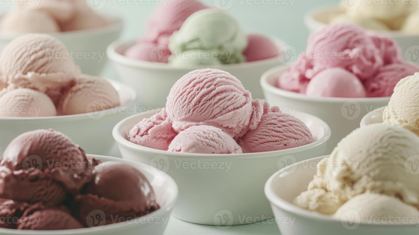 Colorful Variety of Ice Cream in Bowls Displayed on Light Background photo
