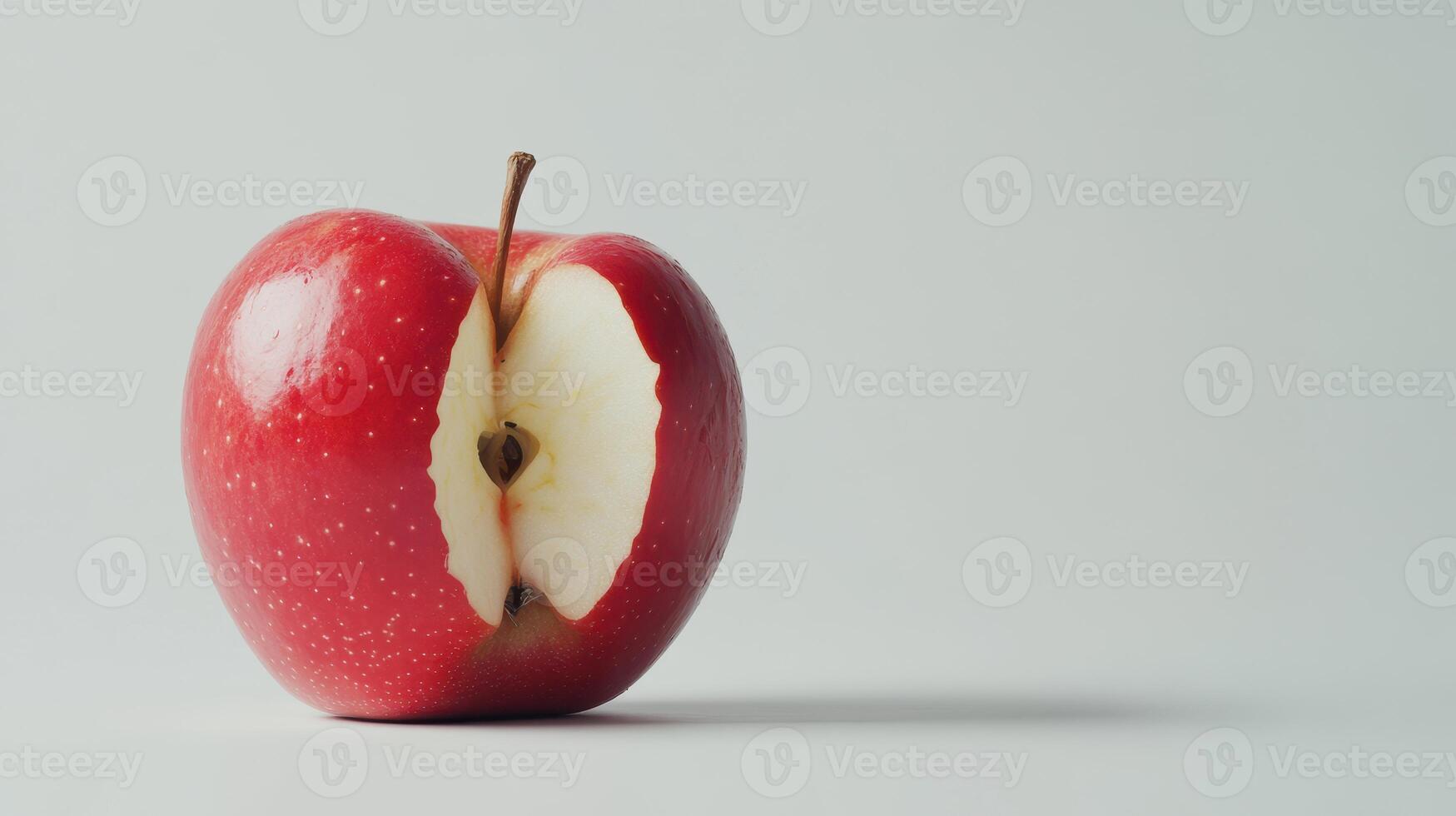 Red Apple Halved to Expose Inner White Flesh and Seeds on Light Background photo