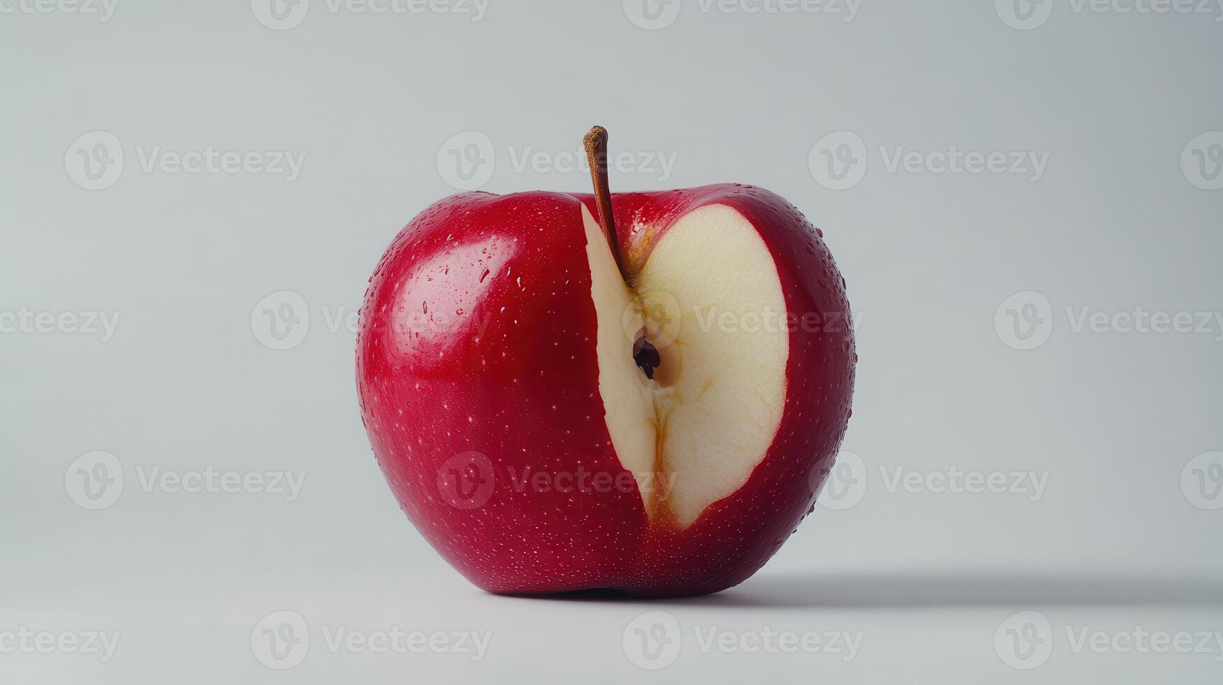 Close-Up Display of a Fresh Red Apple Splitted Open Showing Juicy Interior With Water Drops on a Light Background photo