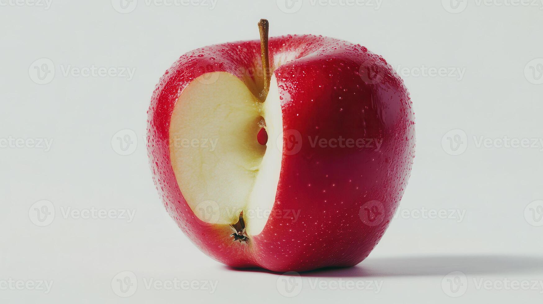 Bright Red Apple With a Bite Taken Out Set Against a Simple White Background photo