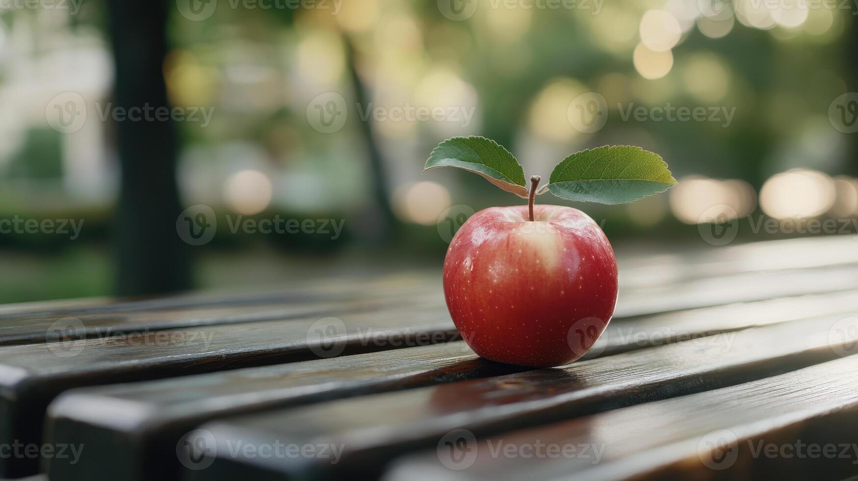 Fresh Red Apple With Green Leaves Sitting on Wooden Table in a Sunny Park During the Afternoon photo