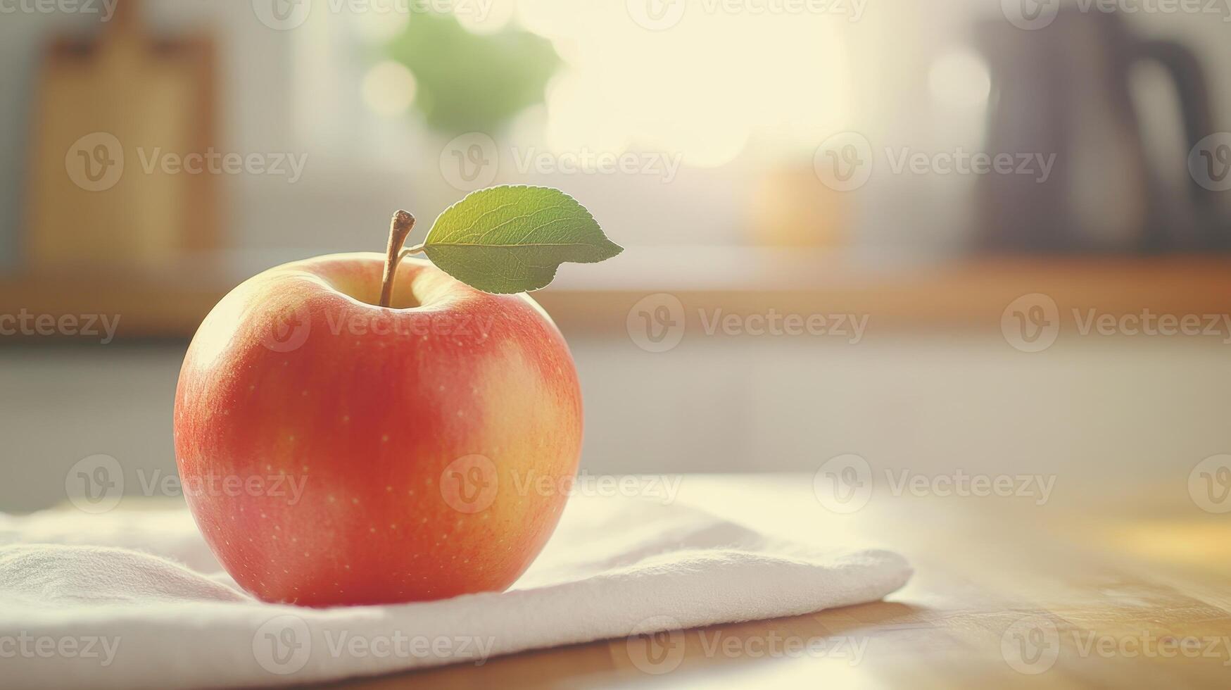 Fresh Red Apple With Leaf Resting On White Cloth In Bright Kitchen During Morning Light photo