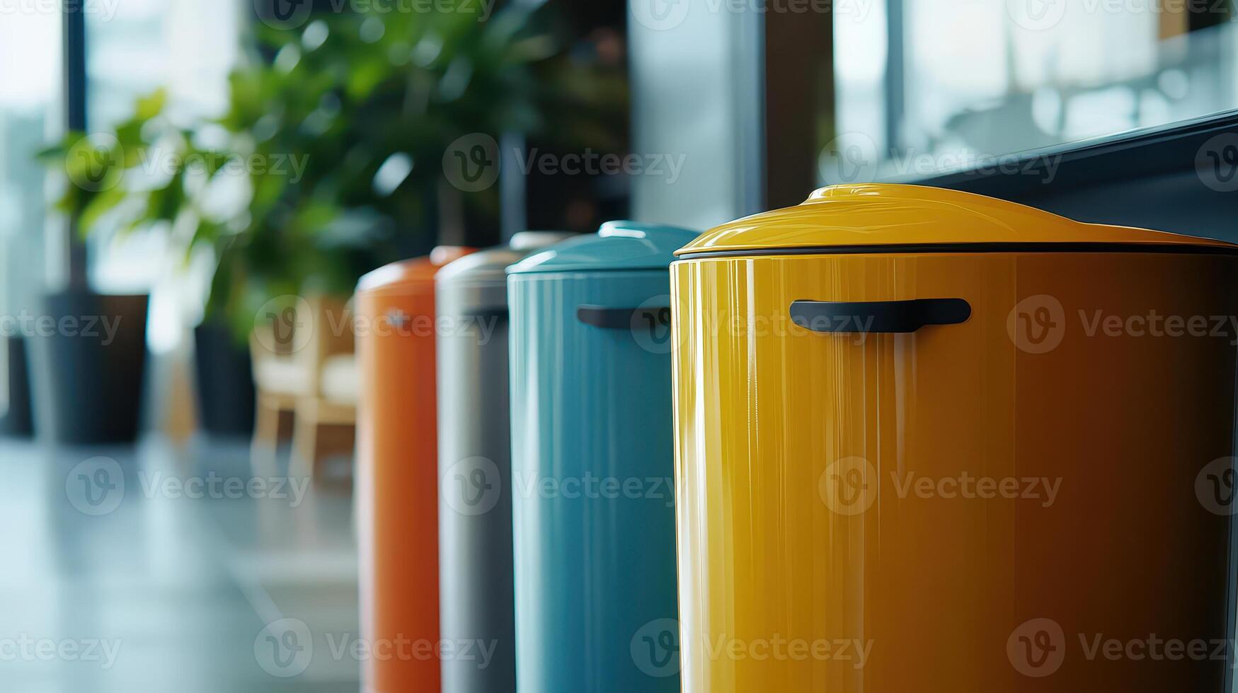 Colorful Waste Bins Line Up in a Modern Office Lobby During Daylight Hours photo